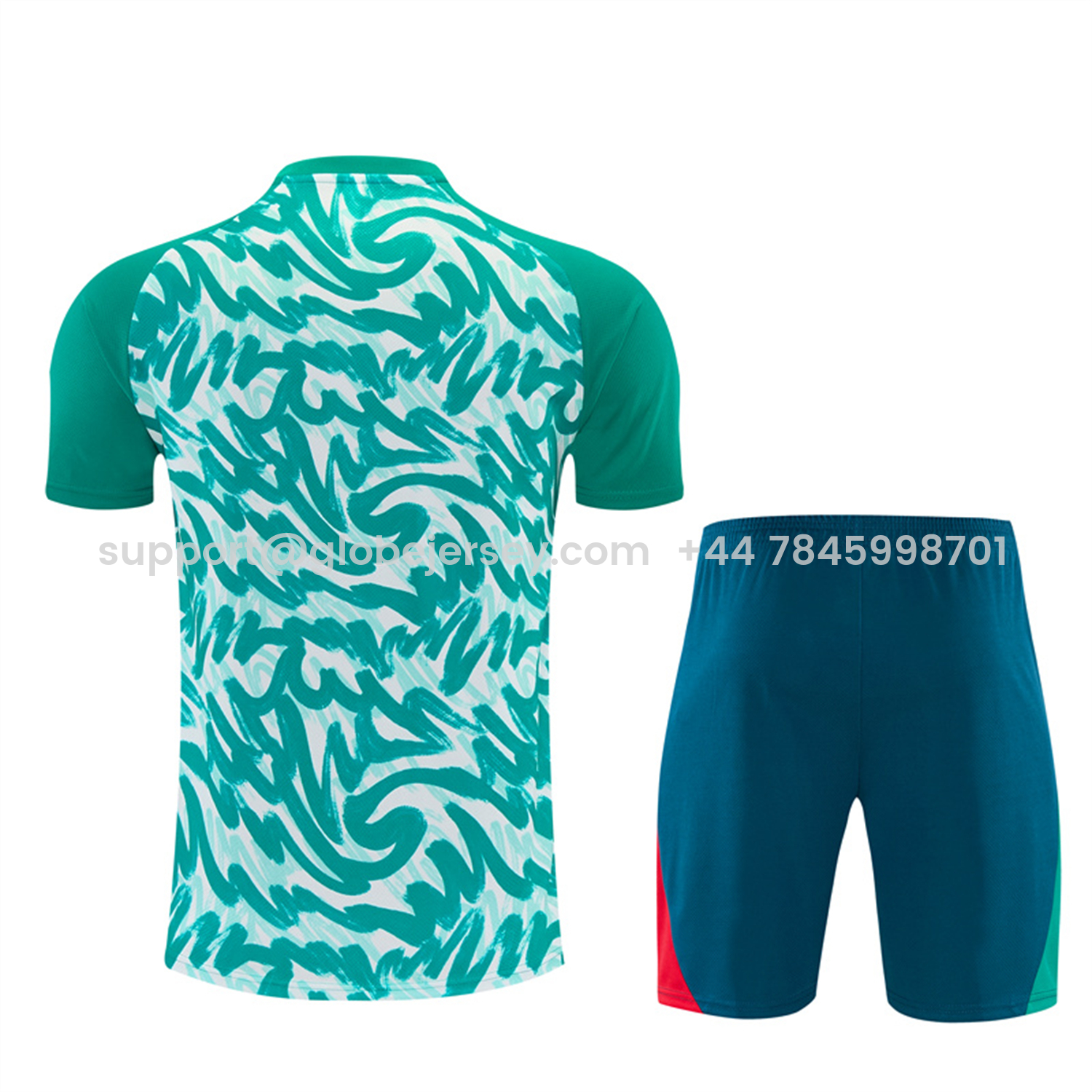 GlobeJersey-Portugal 2026 Short-Sleeve Training Set - Colors Top & Dark Teal Blue With A Red Stripe On The Side Pants