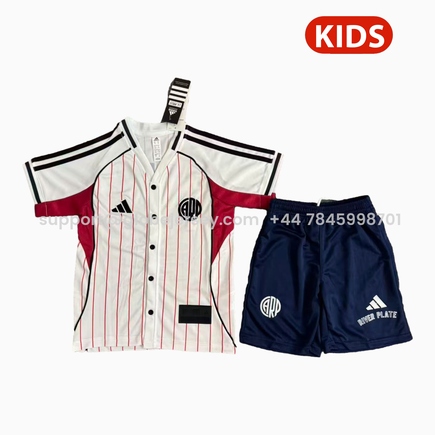 GlobeJersey-River Plate 25-26 White With Red Lines Baseball Kids Kit
