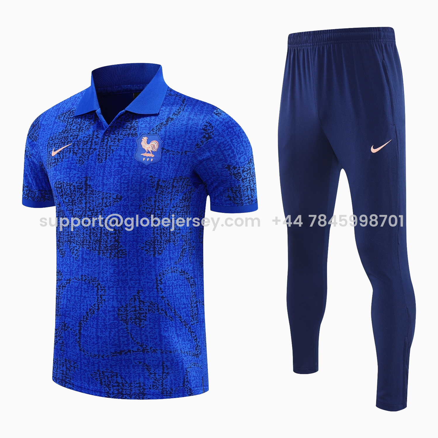 GlobeJersey-France 25-26 POLO Short-Sleeve Training Set - Ocean Blue Top and Dark Blue Pants