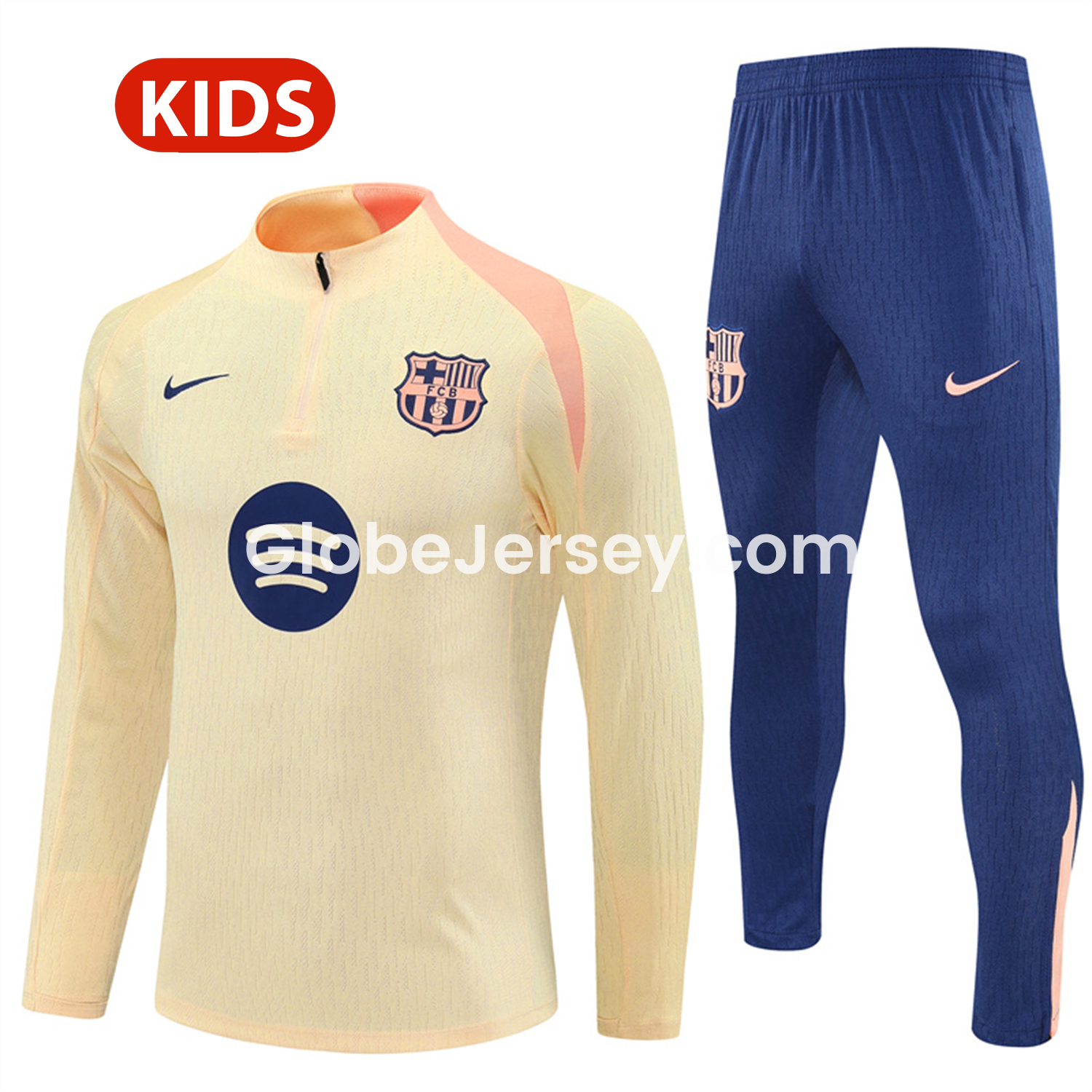GlobeJersey-Barcelona 25-26 Kids Long Sleeve Training Set - Player Version - Light Yellow Top and Blue Pants