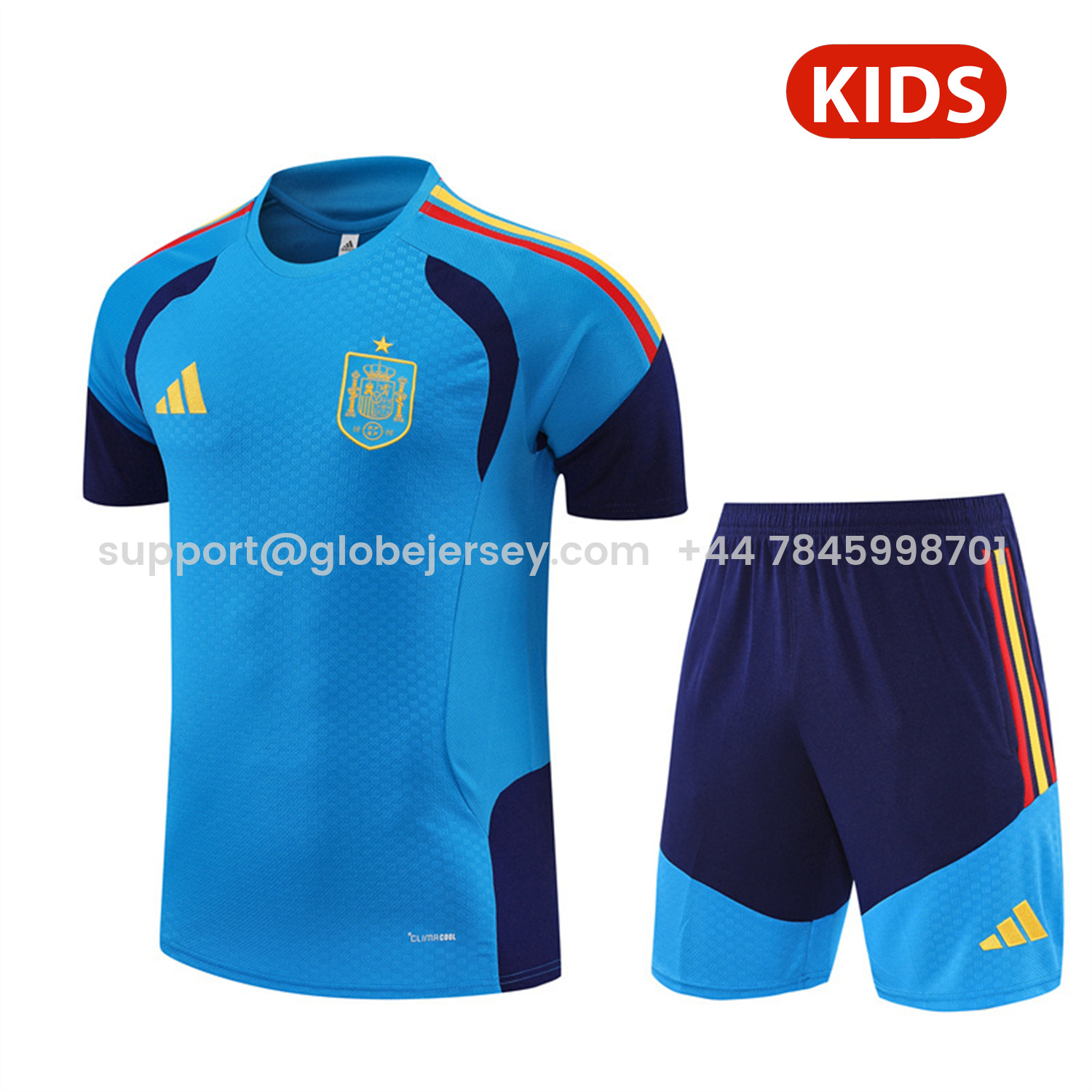 GlobeJersey-Spain 2026 Kids Short-Sleeve Training Set - Lake Blue Top & Shorts
