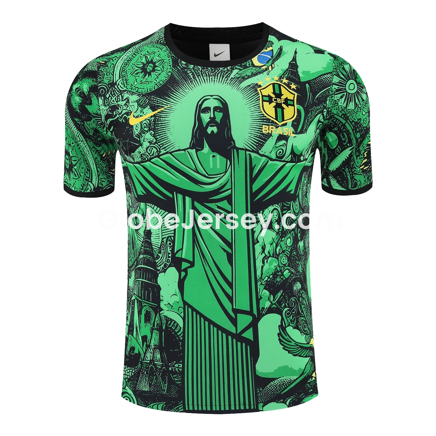 GlobeJersey-Brazil 25-26 Green Jesus Statue Short-Sleeve Training Set - Green Top & Black Shorts
