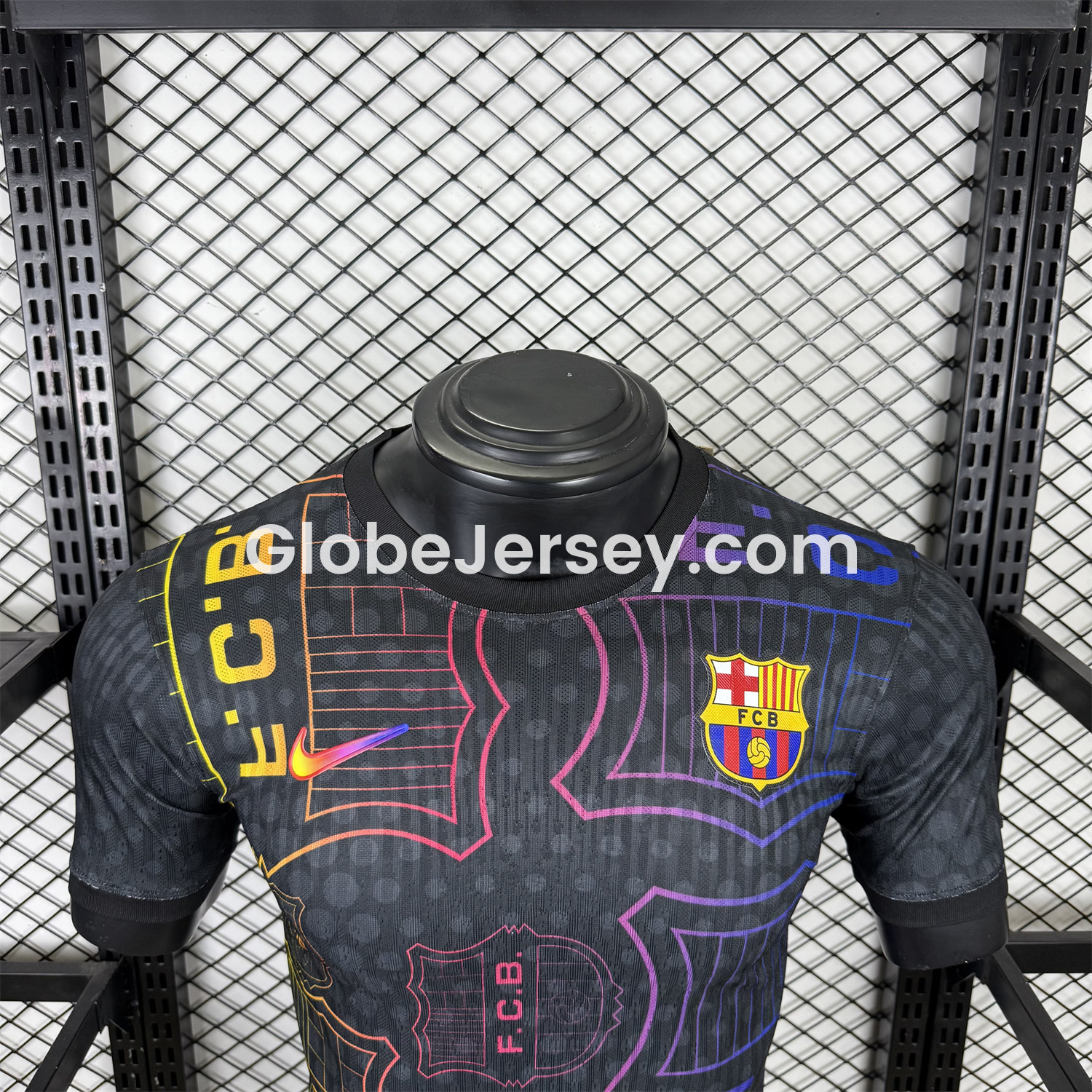 GlobeJersey-Barcelona 25-26 Fluorescent Team Logo Lines Black Jersey - Player Version