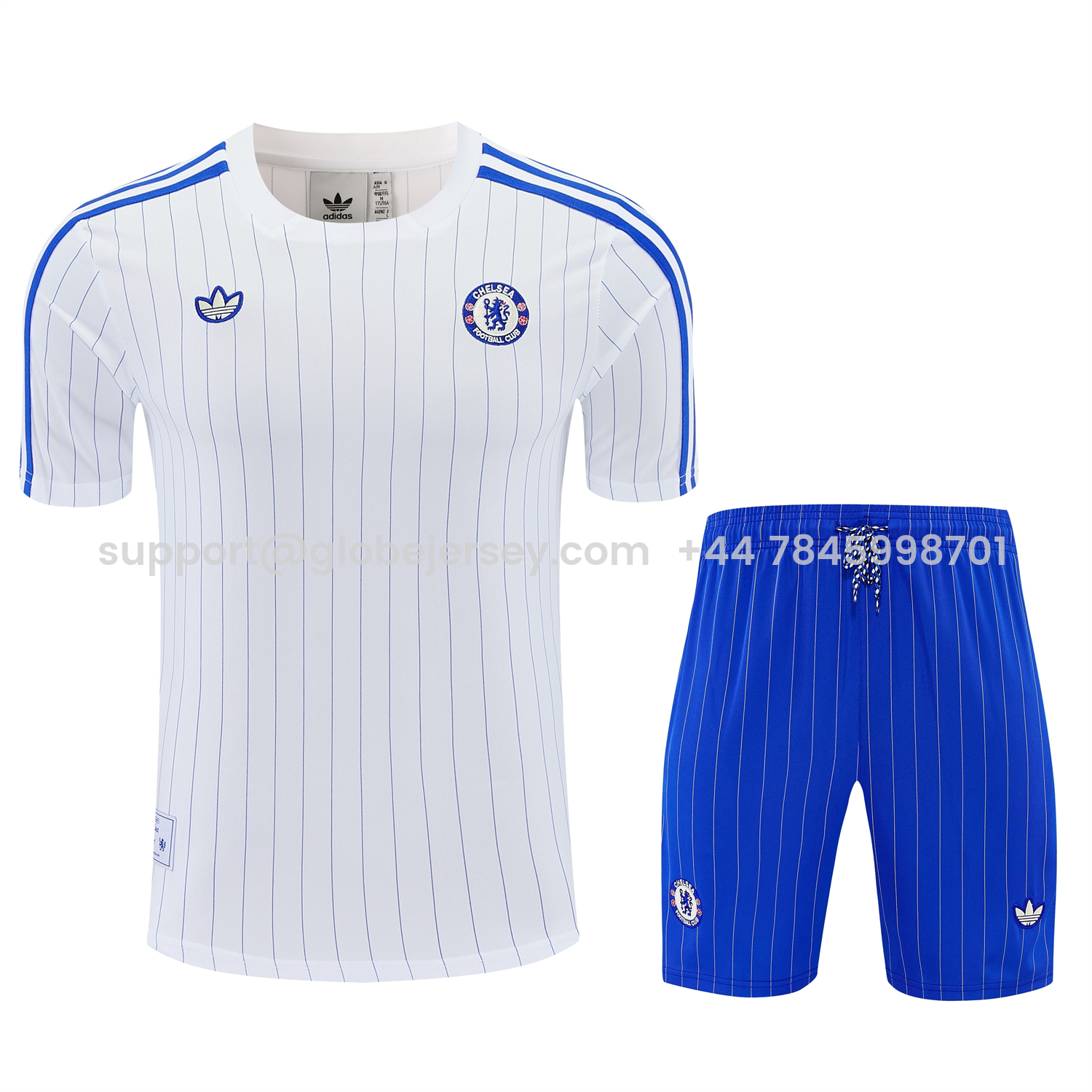 GlobeJersey-C.H.E.L.S.E.A 25-26 Retro Style Short-Sleeve Training Set - White Top & Blue Stripes Pants