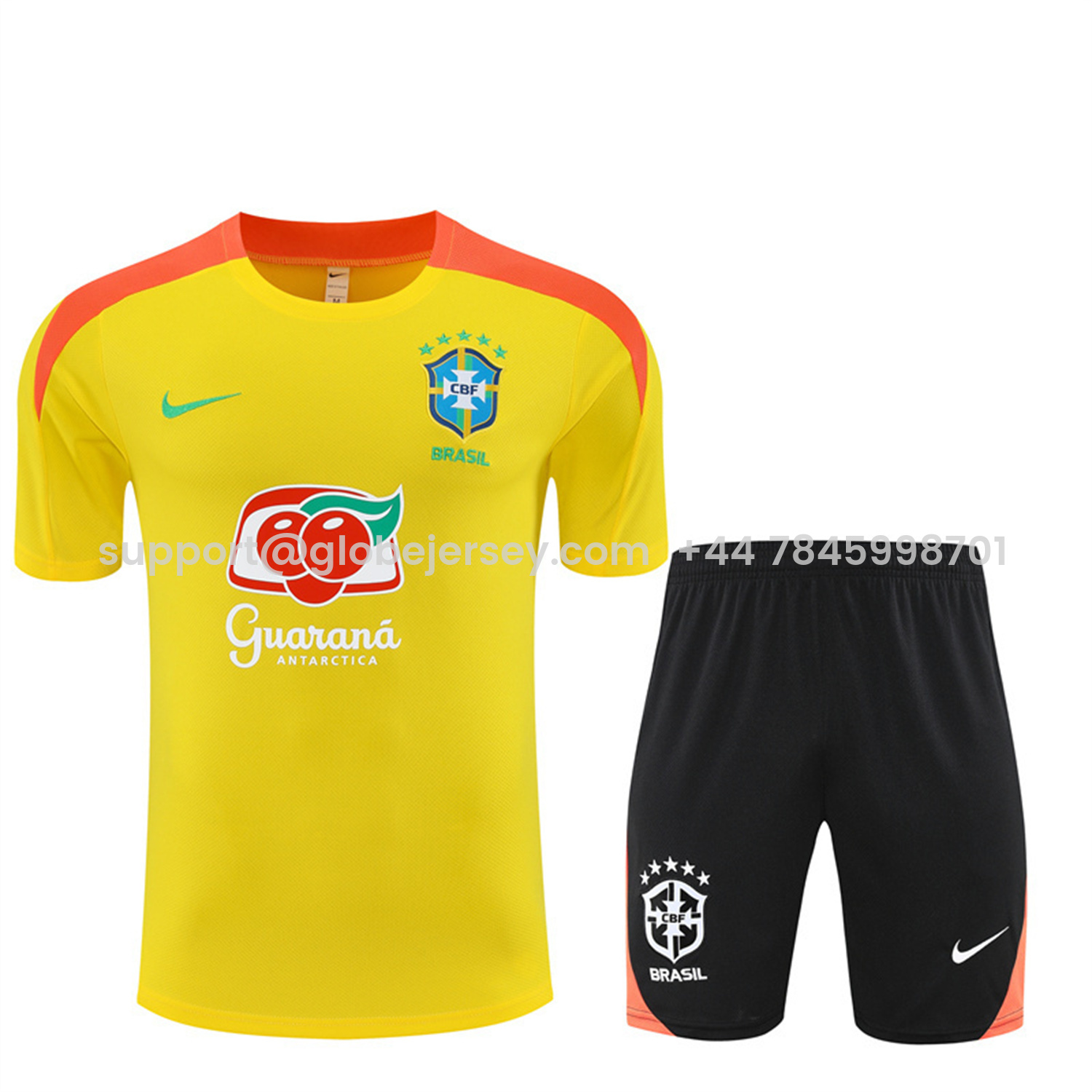 GlobeJersey-Brazil 25-26 Kids Short-Sleeve Training Set - Yellow Top & Black Shorts