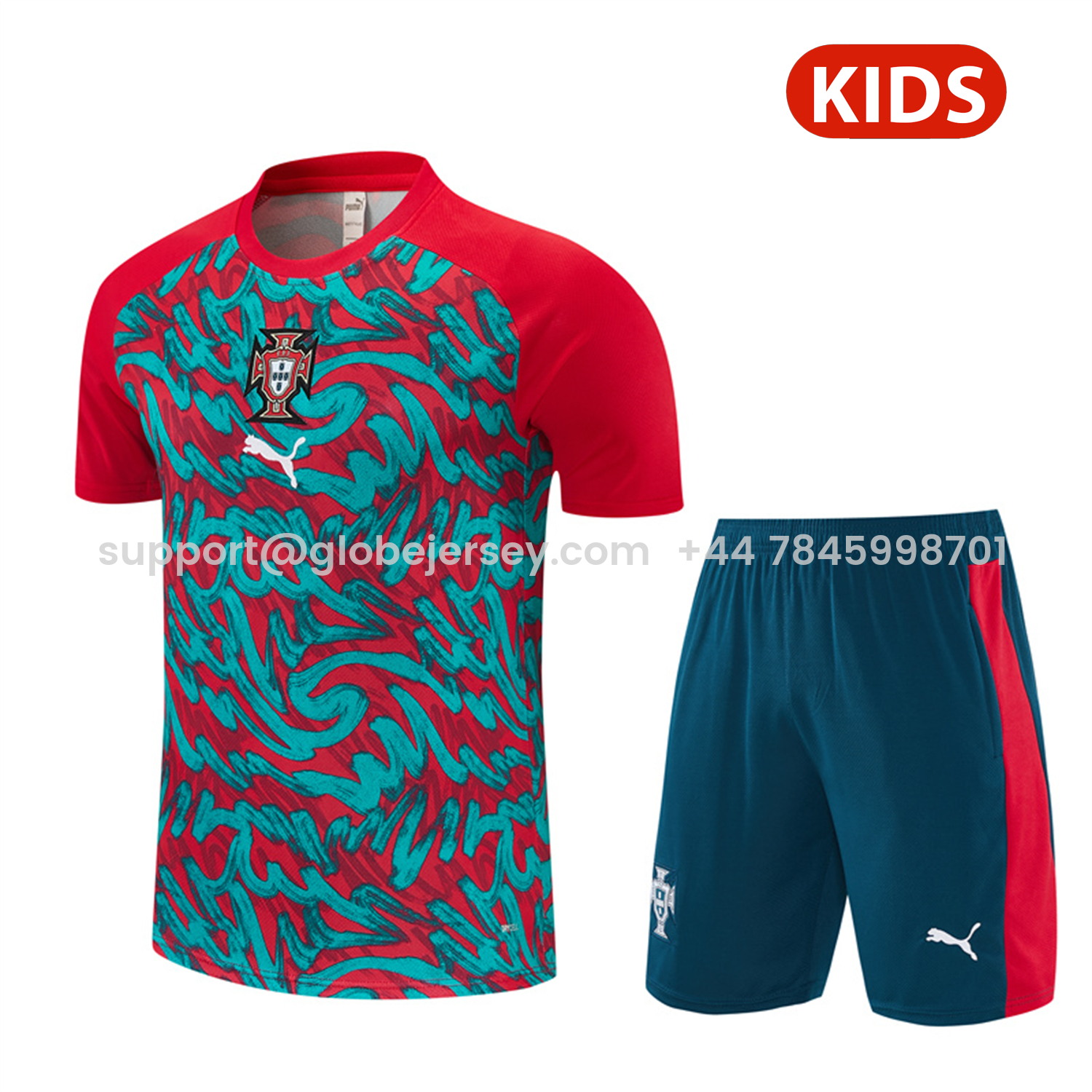 GlobeJersey-Portugal 2026 Kids Short-Sleeve Training Set - Red And Turquoise With A Swirling Pattern Top & Pants