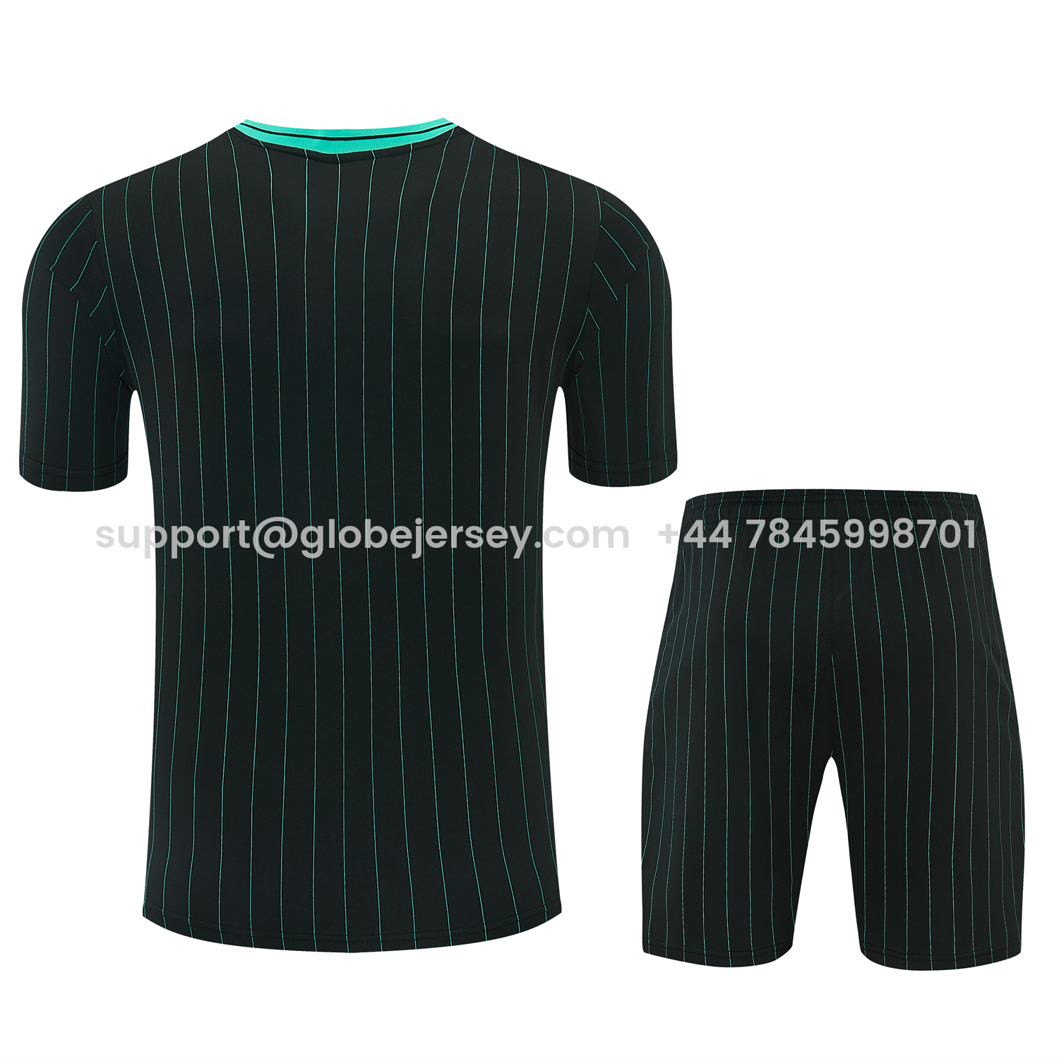 GlobeJersey-Liver.pool 25-26 Retro Style Short-Sleeve Training Set - Black With Teal Stripes And Accents Top & Pants