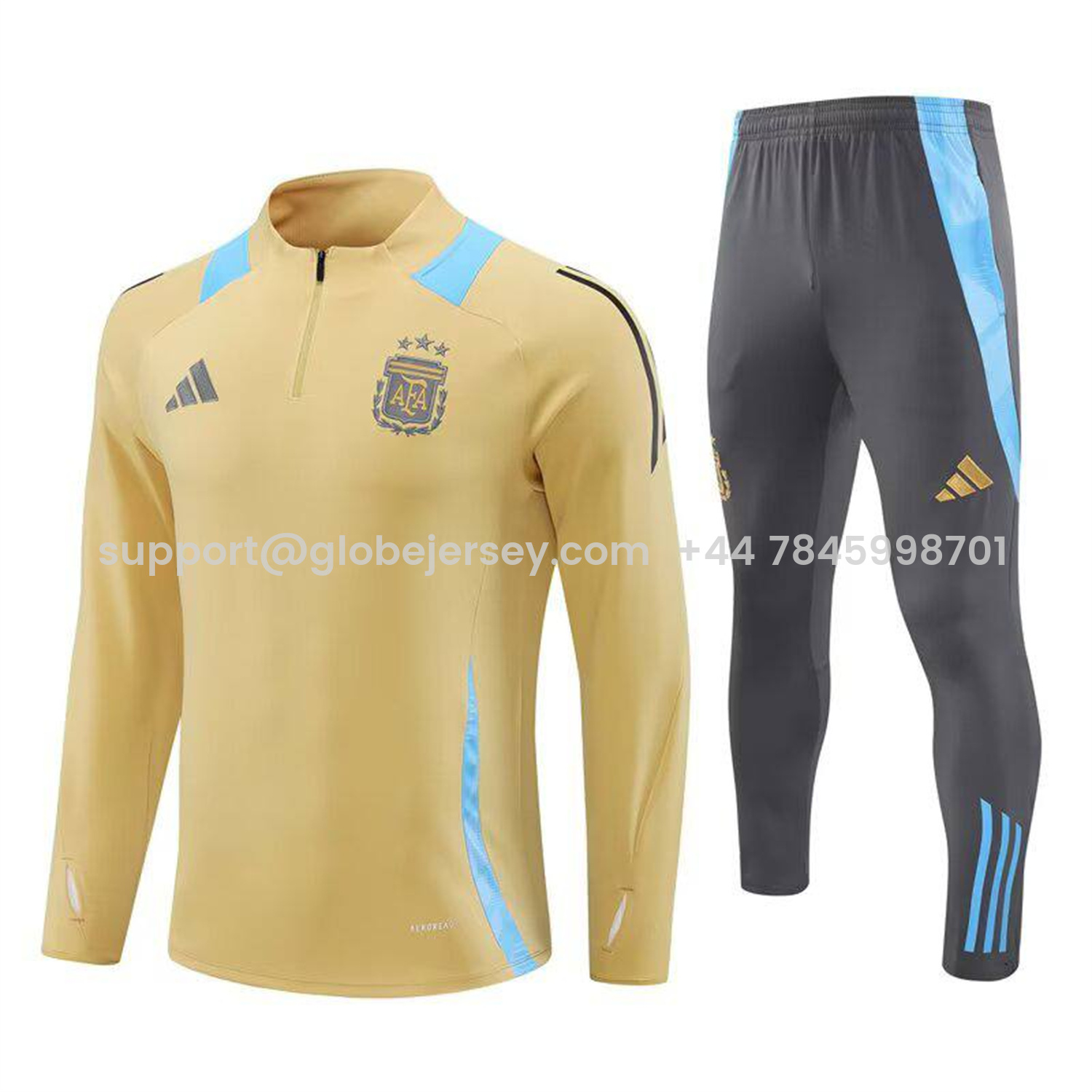 GlobeJersey-Argentina 25-26 Long Sleeve Training Set - Gold Top and Grey Pants