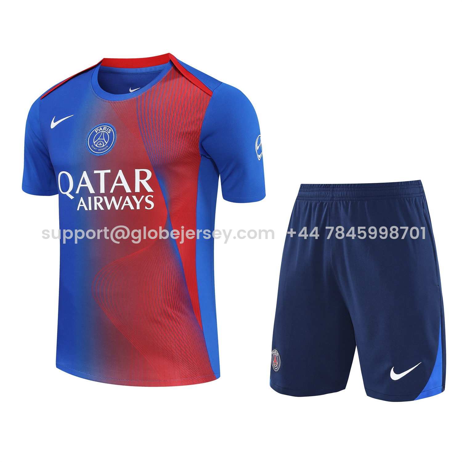 GlobeJersey-Paris Saint-Germain PSG 25-26 Short-Sleeve Training Set - Red And Blue Lines Top & Blue Shorts