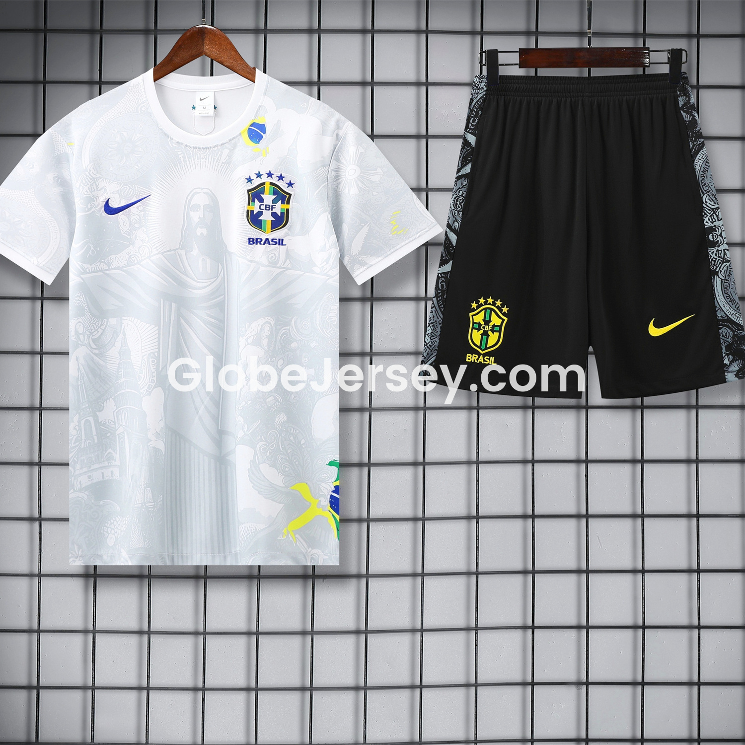 GlobeJersey-Brazil 25-26 White Jesus Statue Short-Sleeve Training Set - White Top & Black Shorts