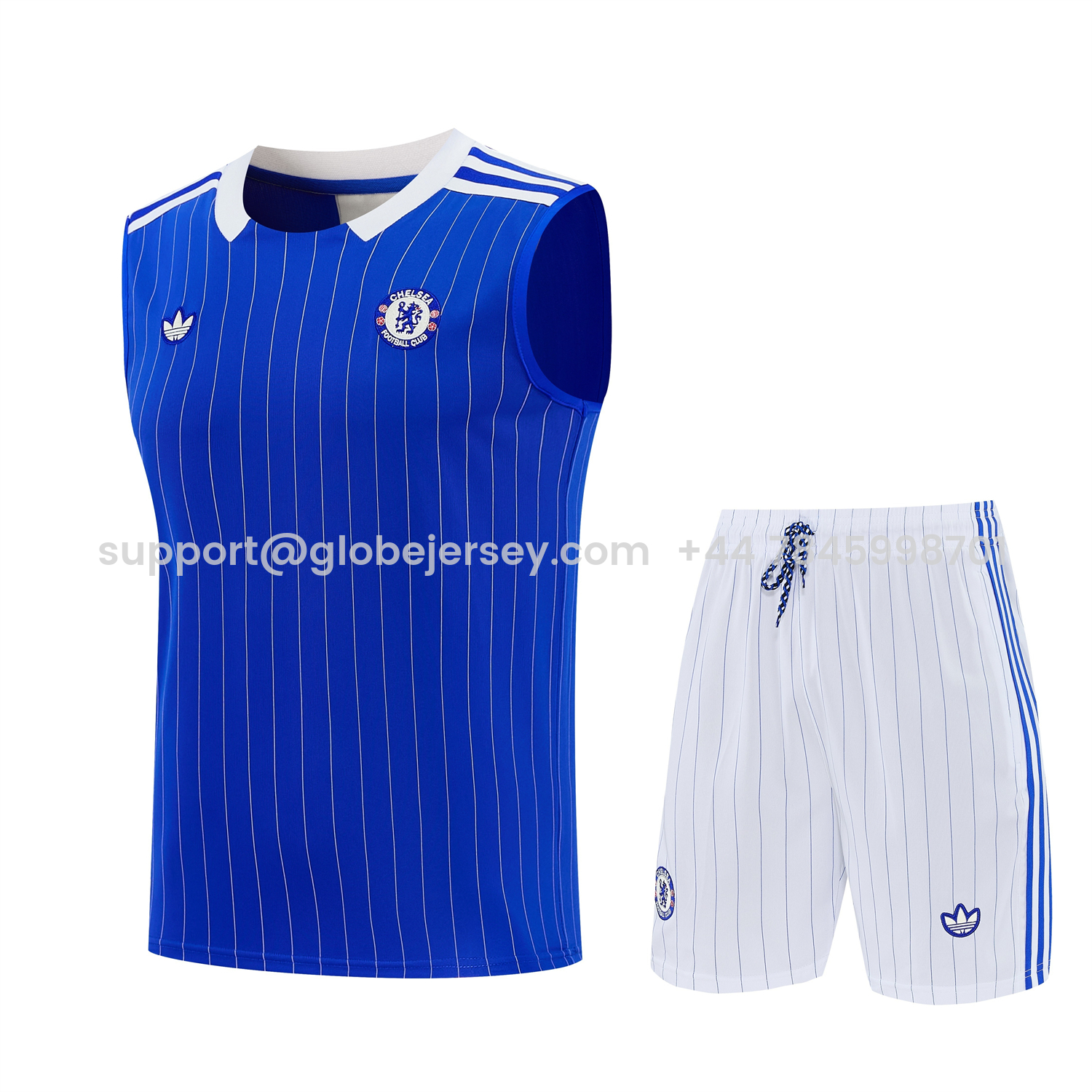 GlobeJersey-C.H.E.L.S.E.A 25-26 Retro Style Vest Training Set - Blue Top & White With Blue Stripes Pants