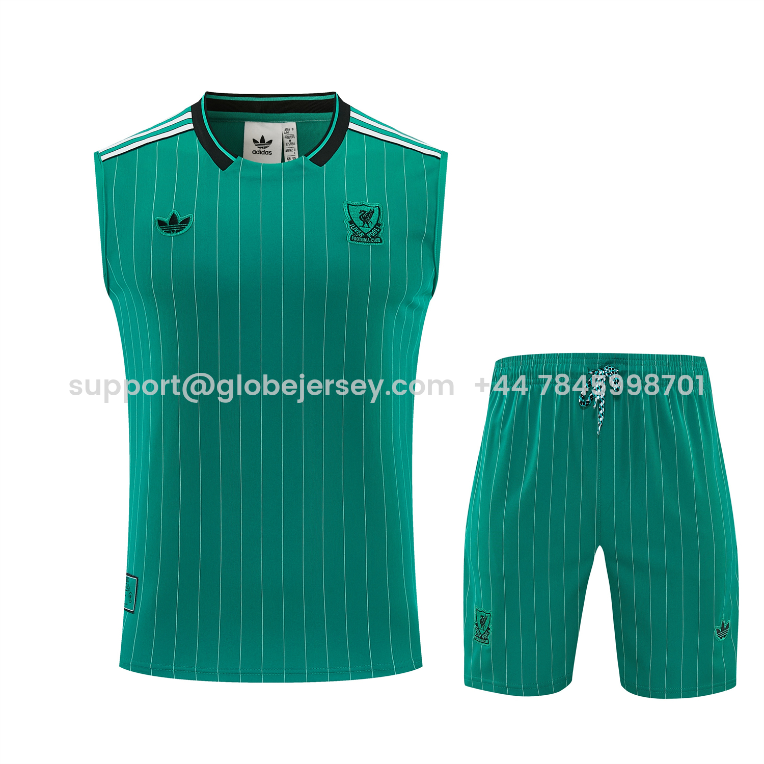GlobeJersey-Liver.pool 25-26 Retro Style Vest Training Set - Green With White Stripes Top & Pants