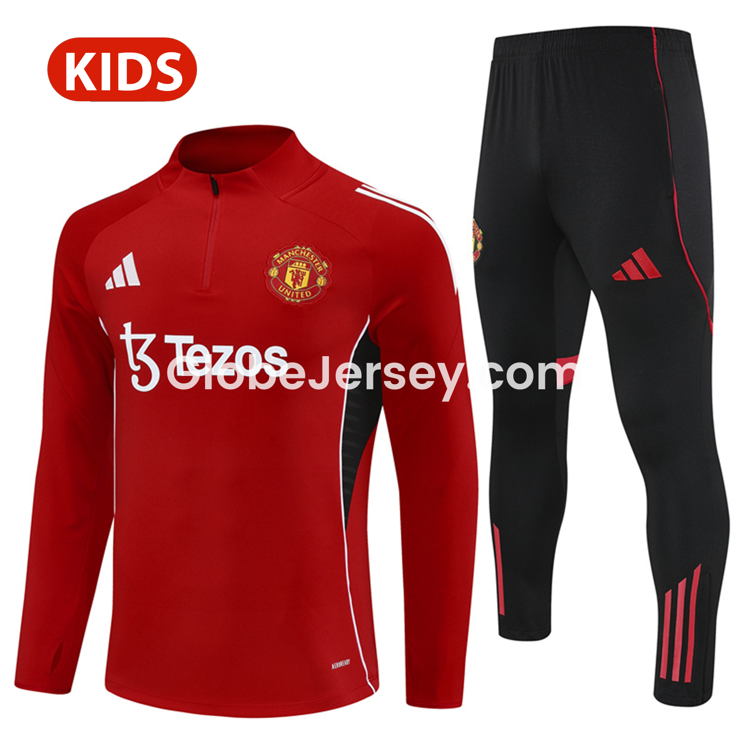 GlobeJersey-Manchester United 25-26 Kid Long Sleeves Training Set - Red Top & Black Pants