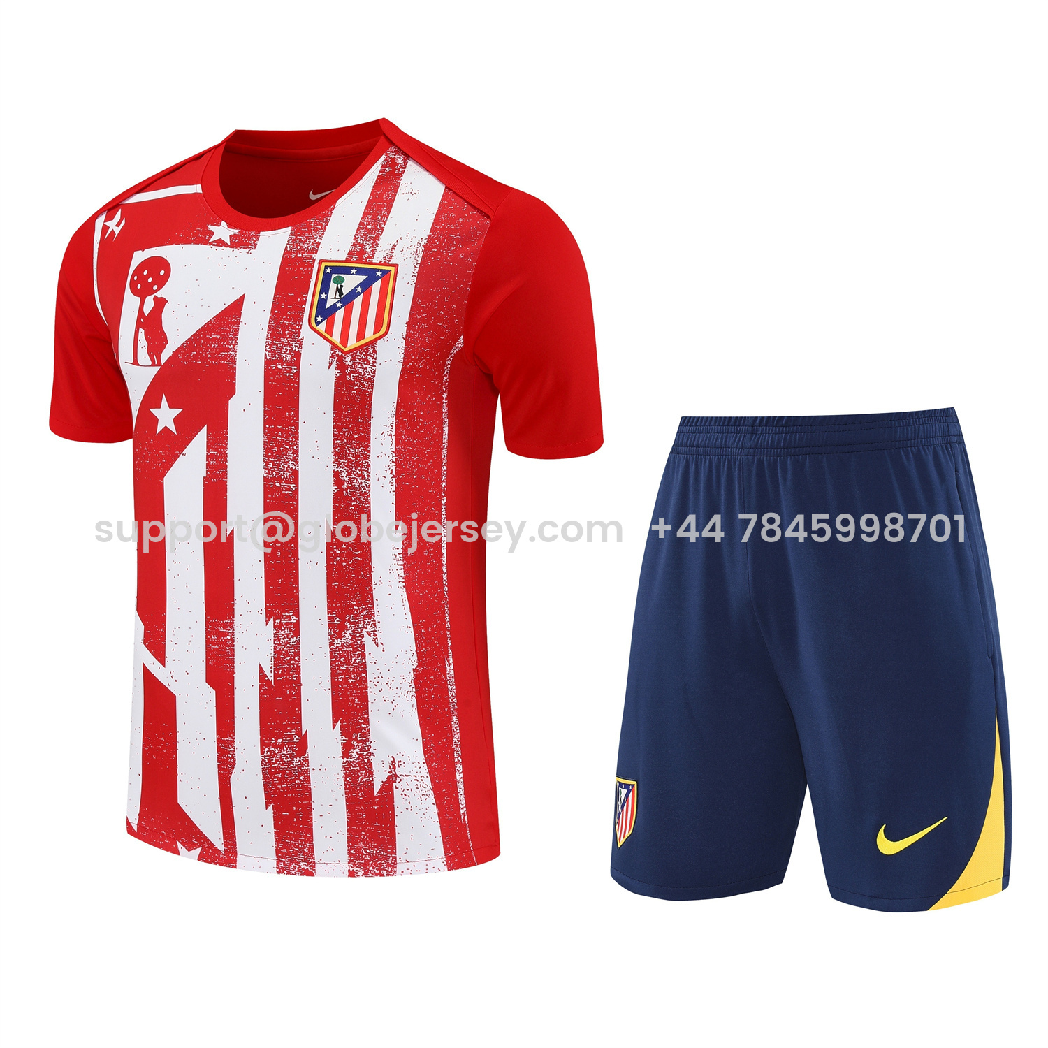 GlobeJersey-Atletico Madrid Short-Sleeve Training Set - Red White Top & Blue Shorts