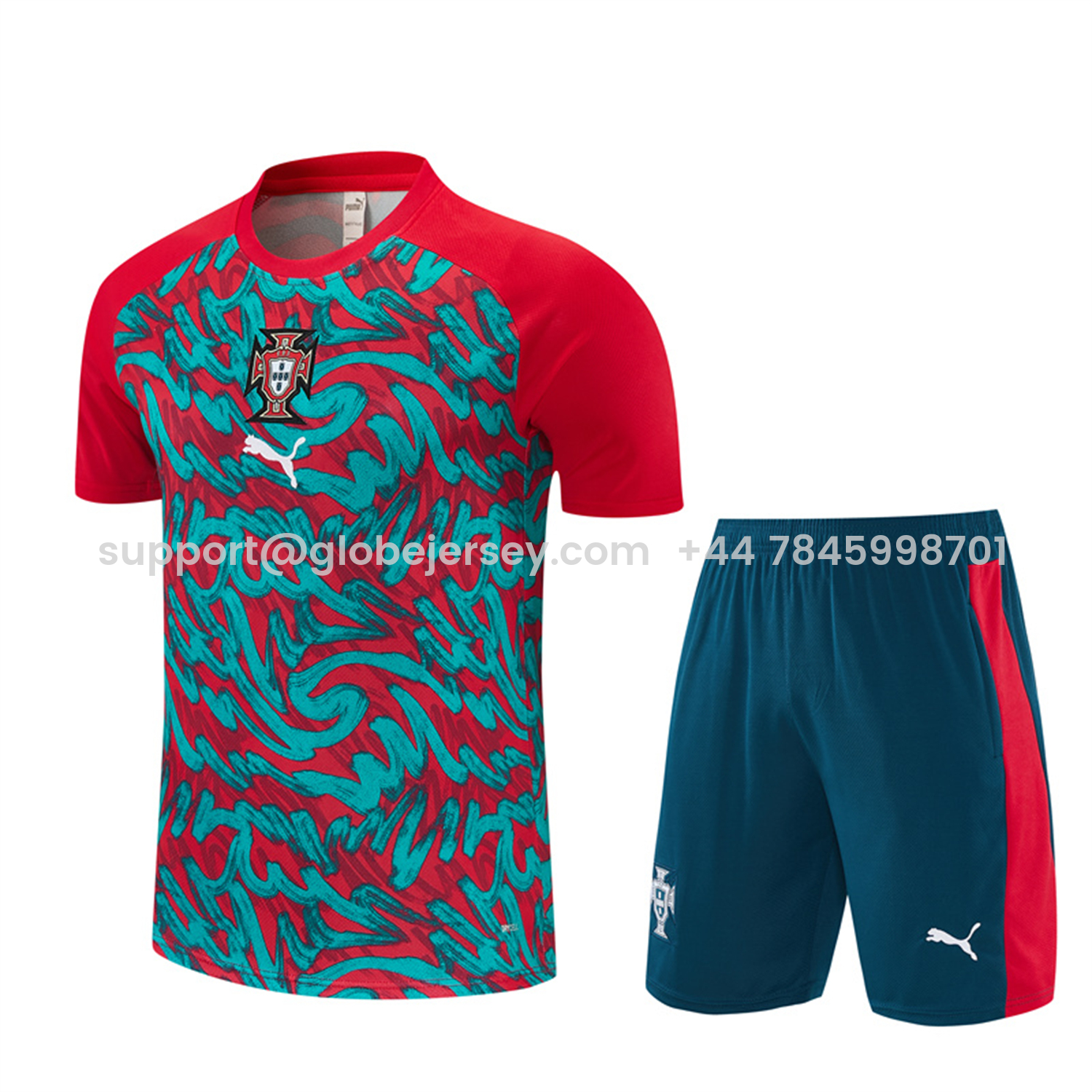 GlobeJersey-Portugal 2026 Short-Sleeve Training Set - Red And Turquoise With A Swirling Pattern Top & Pants