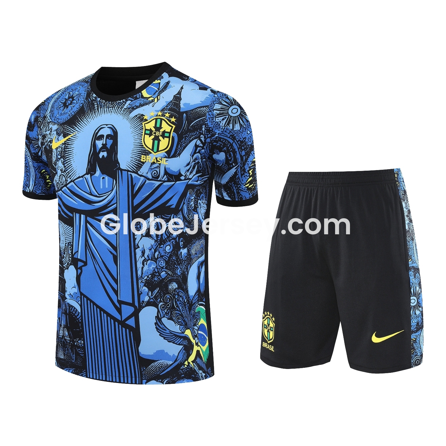 GlobeJersey-Brazil 25-26 Blue Jesus Statue Short-Sleeve Training Set - Blue Top & Black Shorts