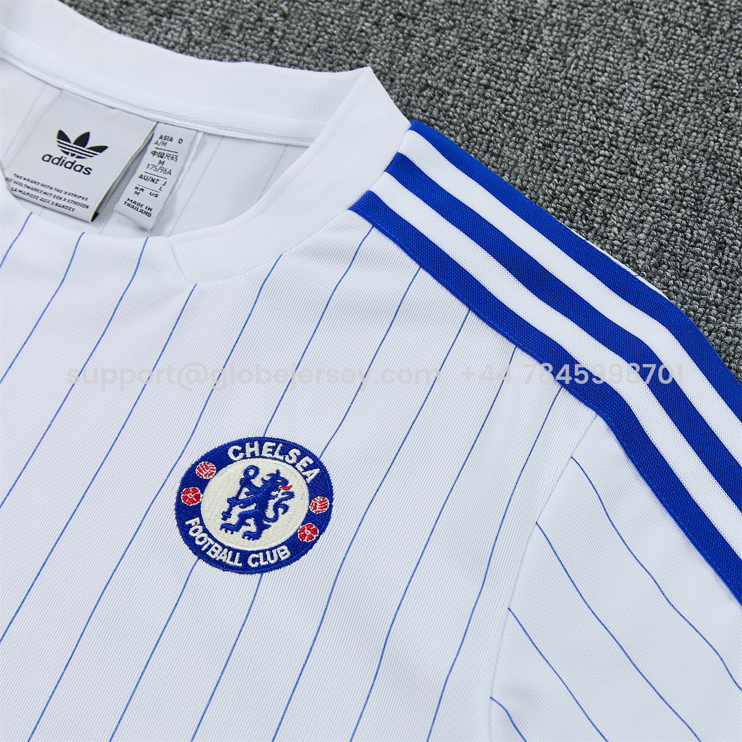 GlobeJersey-C.H.E.L.S.E.A 25-26 Retro Style Short-Sleeve Training Set - White Top & Blue Stripes Pants