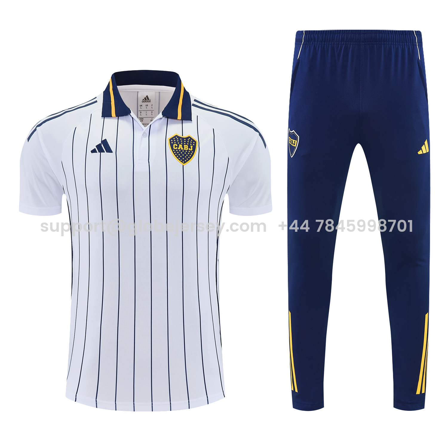 GlobeJersey-Boca Juniors 25-26 POLO Short-Sleeve Training Set - White Top and Dark Blue Pants
