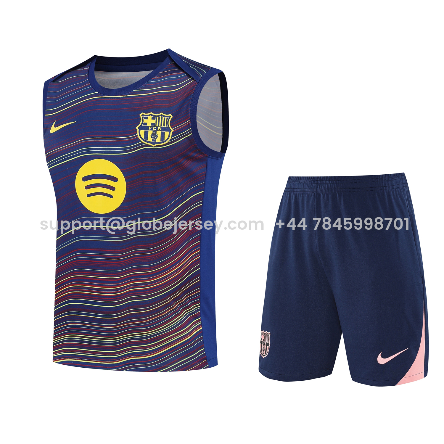 GlobeJersey-Barcelona 25-26 Short-Sleeve Training Set - Colors Top & Dark Blue With Pink Accents Pants
