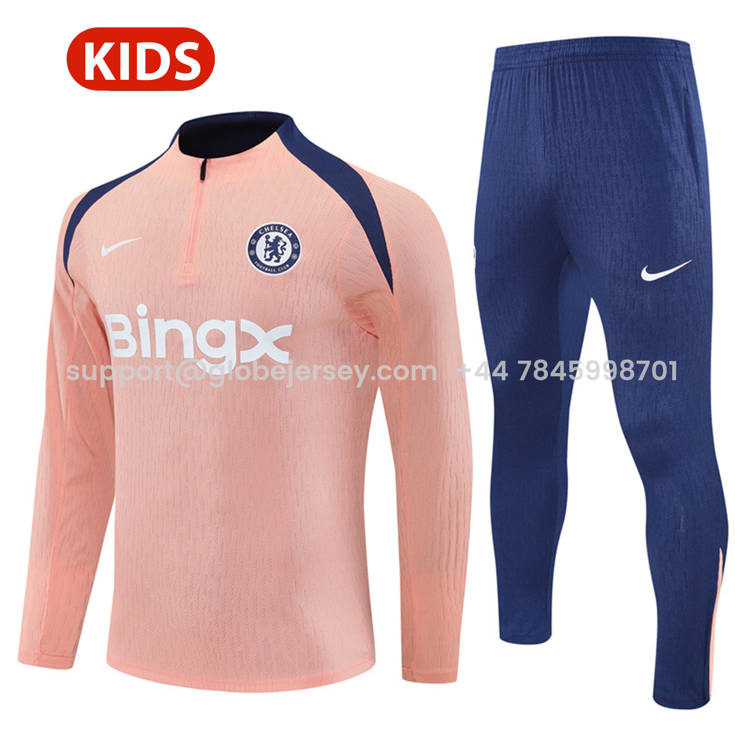 GlobeJersey-C.H.E.L.S.E.A 25-26 Kids Long Sleeve Training Set - Player Version - Pink Top and Blue Pants