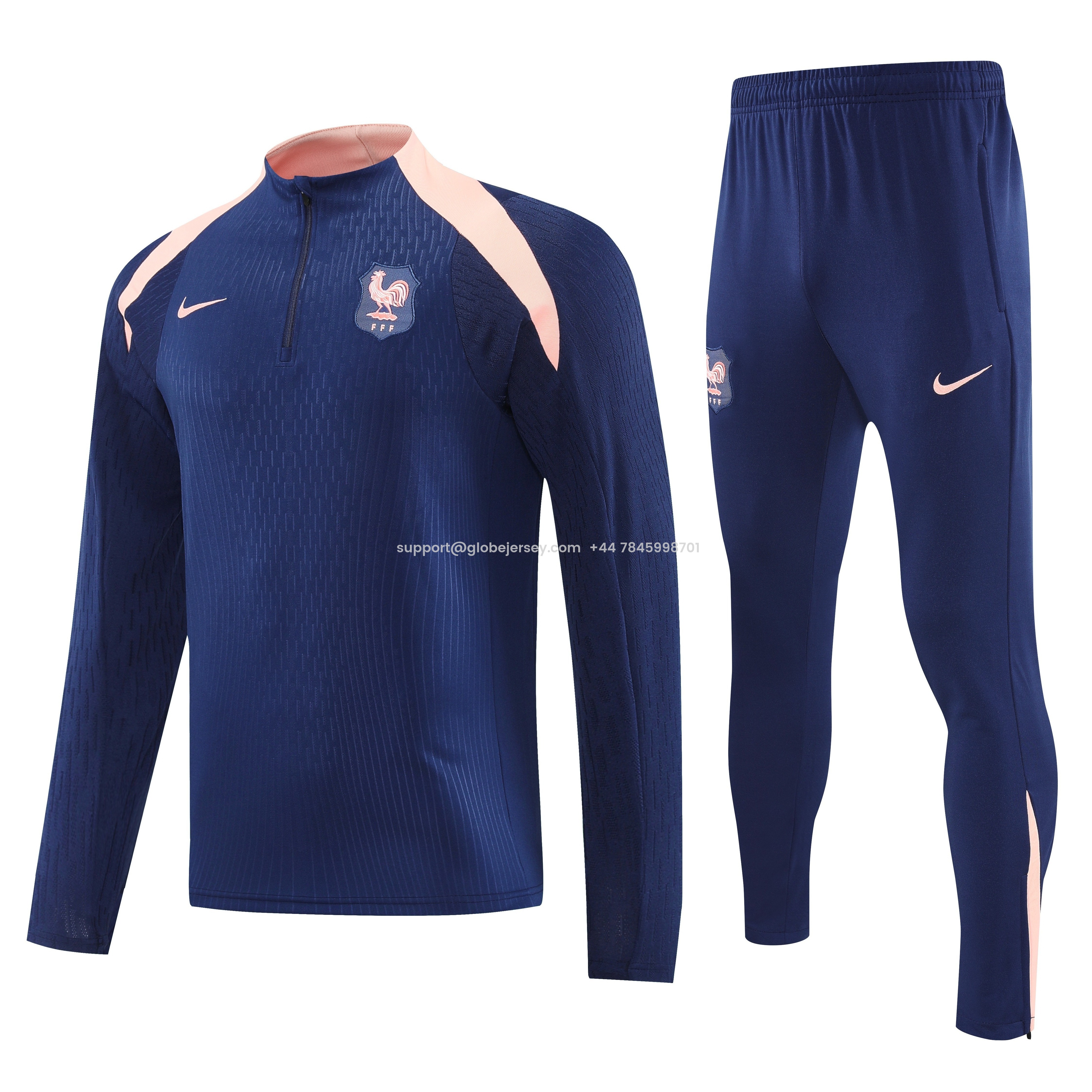 GlobeJersey-France 2026 Long Sleeve Training Set - Dark With Pink Top and Pants