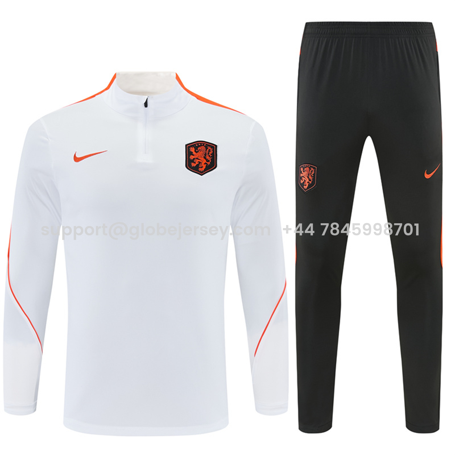 GlobeJersey-Netherlands 2026 Long Sleeves Training Set - White With Orange Accents Top & Black Pants