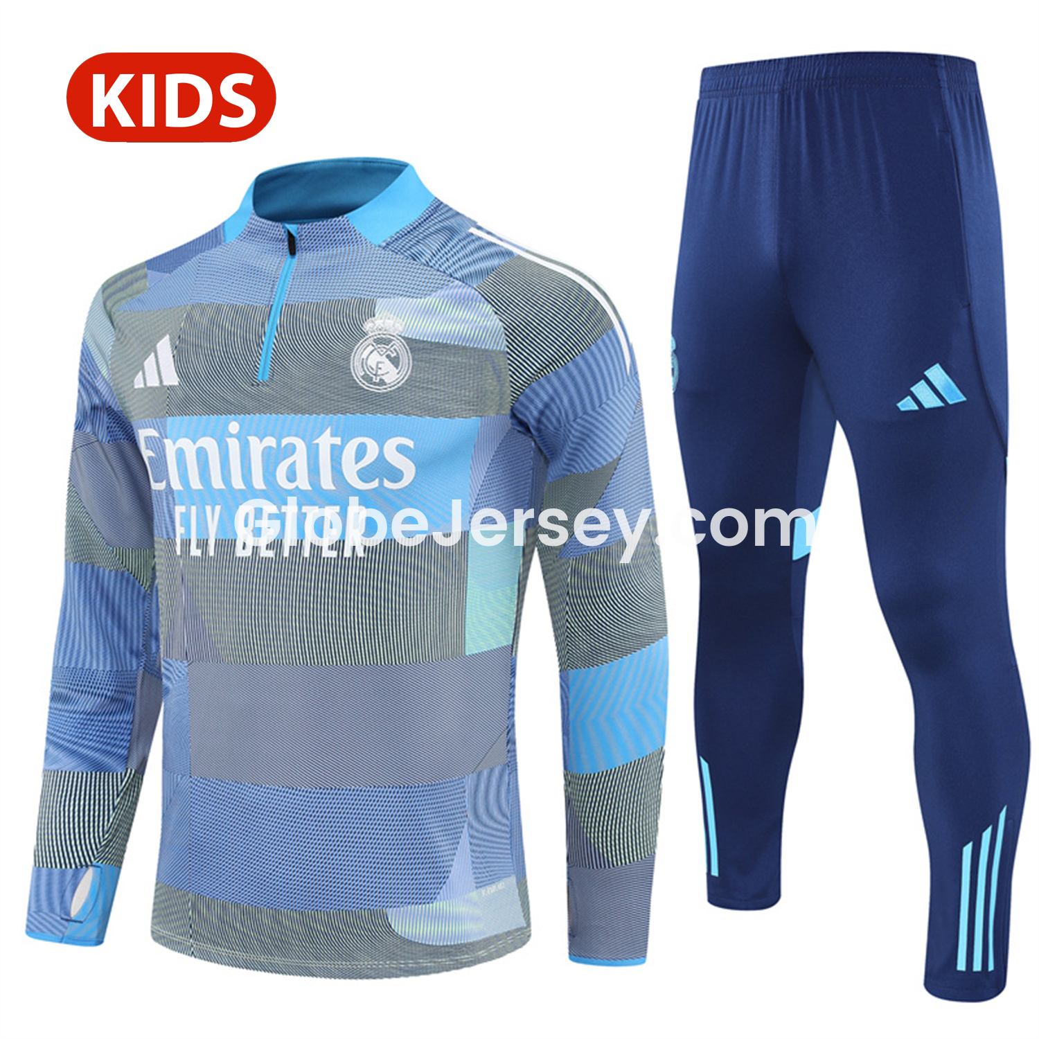 GlobeJersey-Real Madrid 25-26 Kids Long Sleeves Training Set - Blue-Gray Camouflage Top & Blue Pants