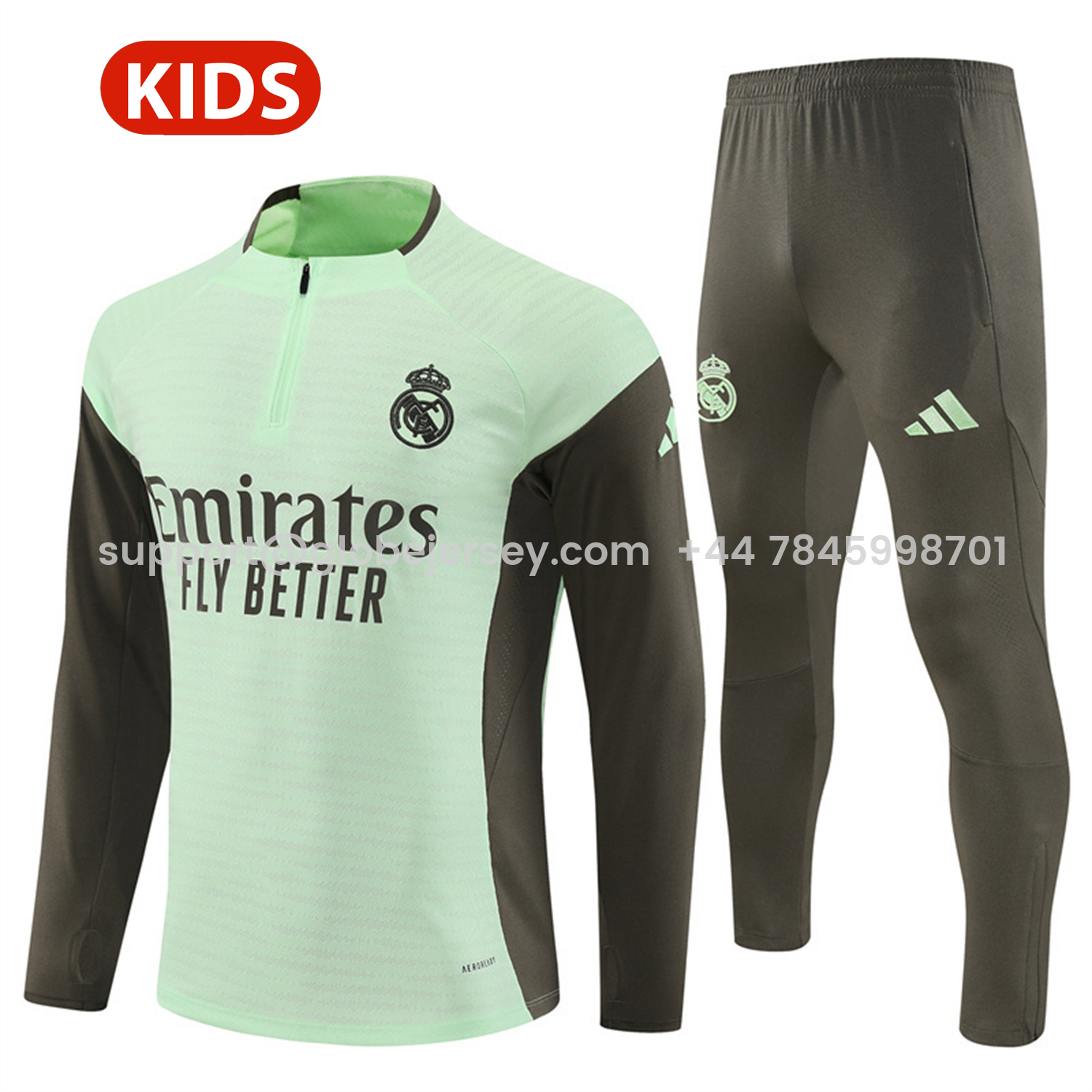 GlobeJersey-Real Madrid 25-26 Kids Long Sleeve Training Set - Player Version - Light Green Top and Khaki Pants