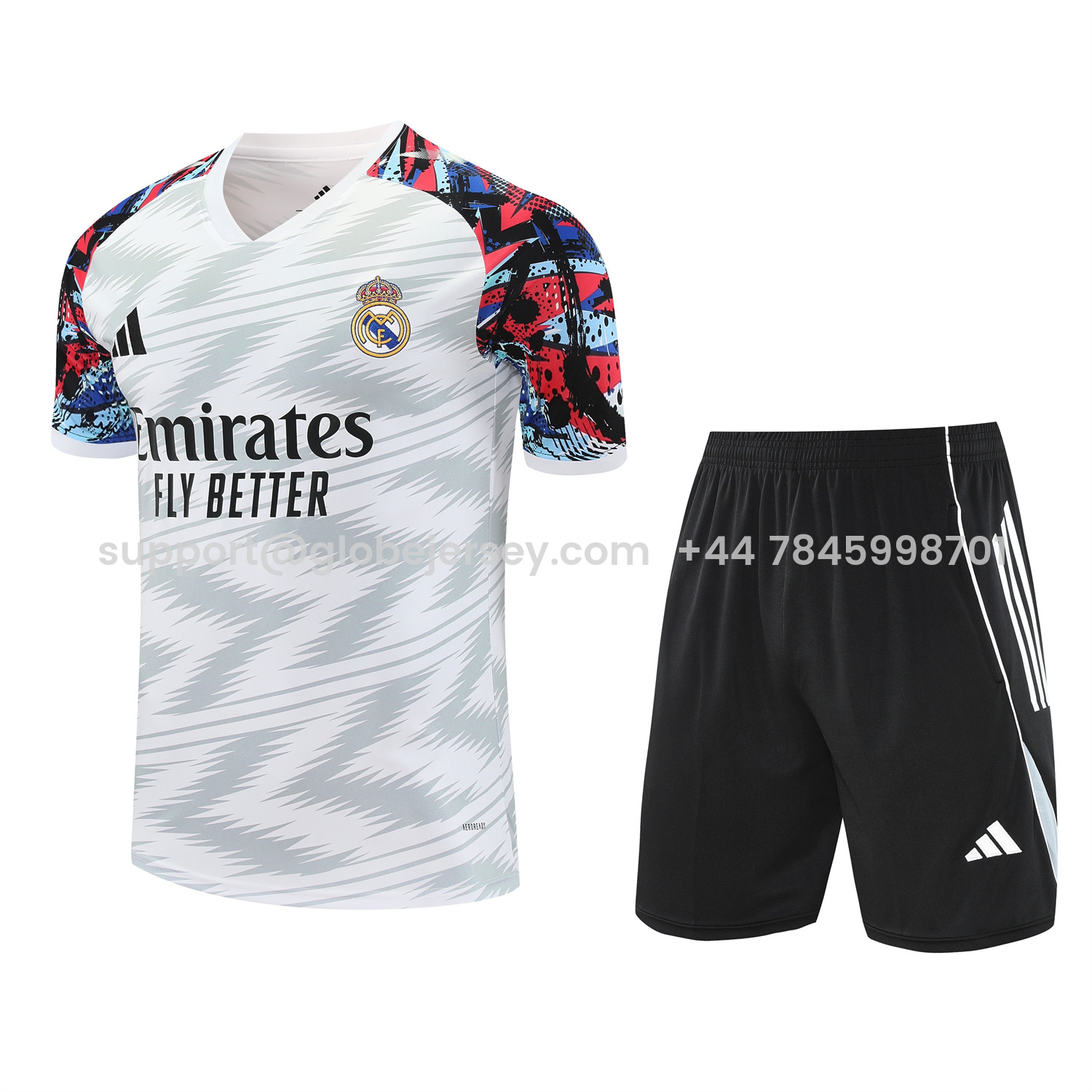 GlobeJersey-Real Madrid 25-26 Short-Sleeve Training Set - Grey Arrow Pattern Top & Black Shorts