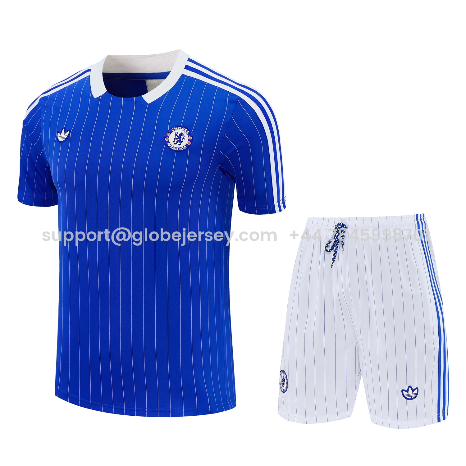 GlobeJersey-C.H.E.L.S.E.A 25-26 Retro Style Short-Sleeve Training Set - Blue Top & White Pants