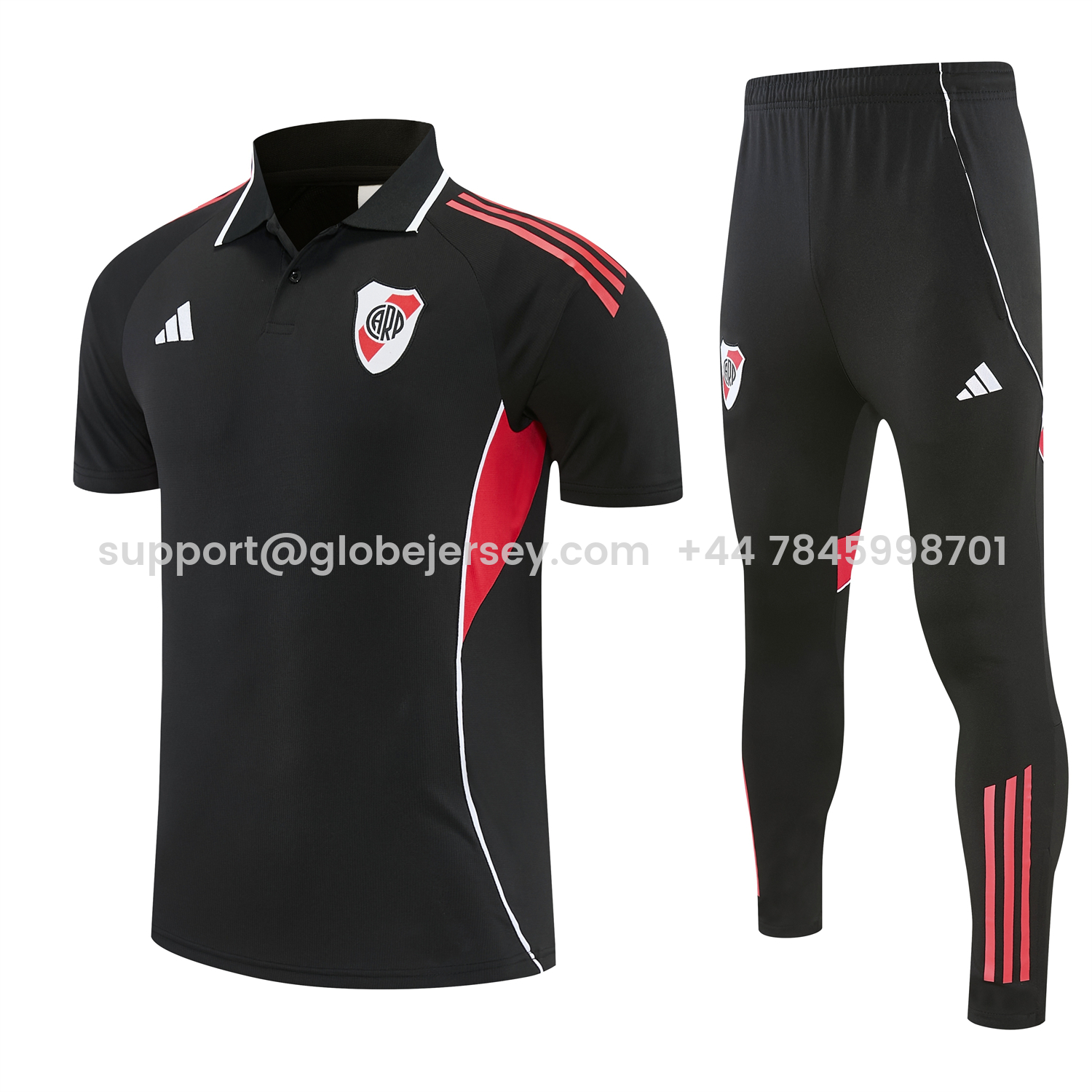GlobeJersey-River Plate 25-26 POLO Short-Sleeve Training Set - Black Top and Black Pants