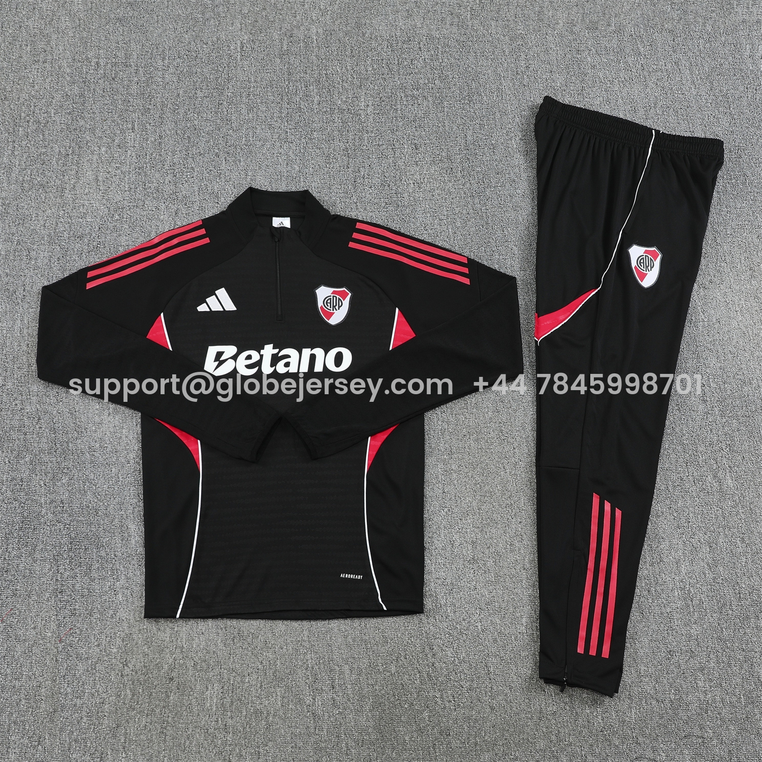 GlobeJersey-River Plate 25-26 Long Sleeves Training Set - Black With Red Top & Black Pants