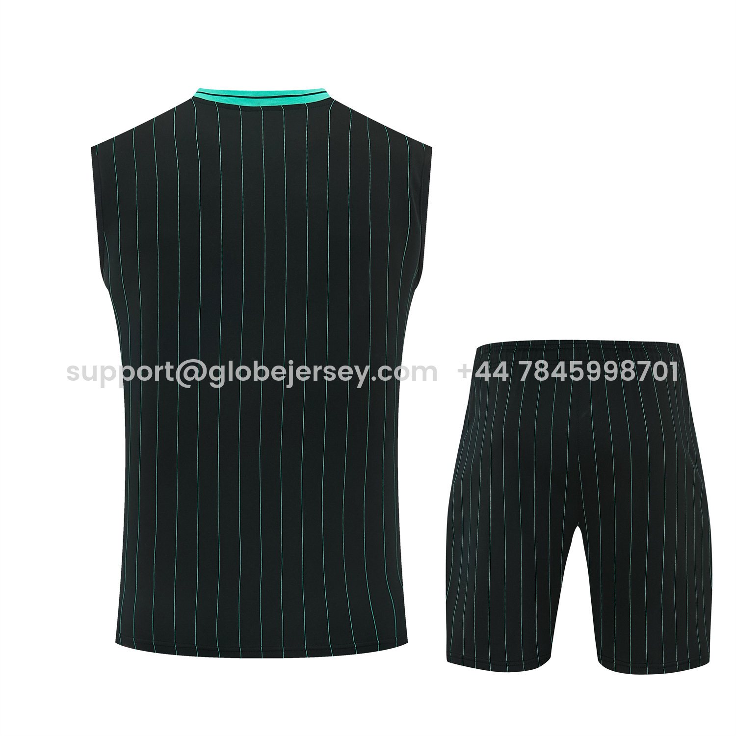 GlobeJersey-Liver.pool 25-26 Retro Style Vest Training Set - Black With Turquoise Stripes Top & Pants