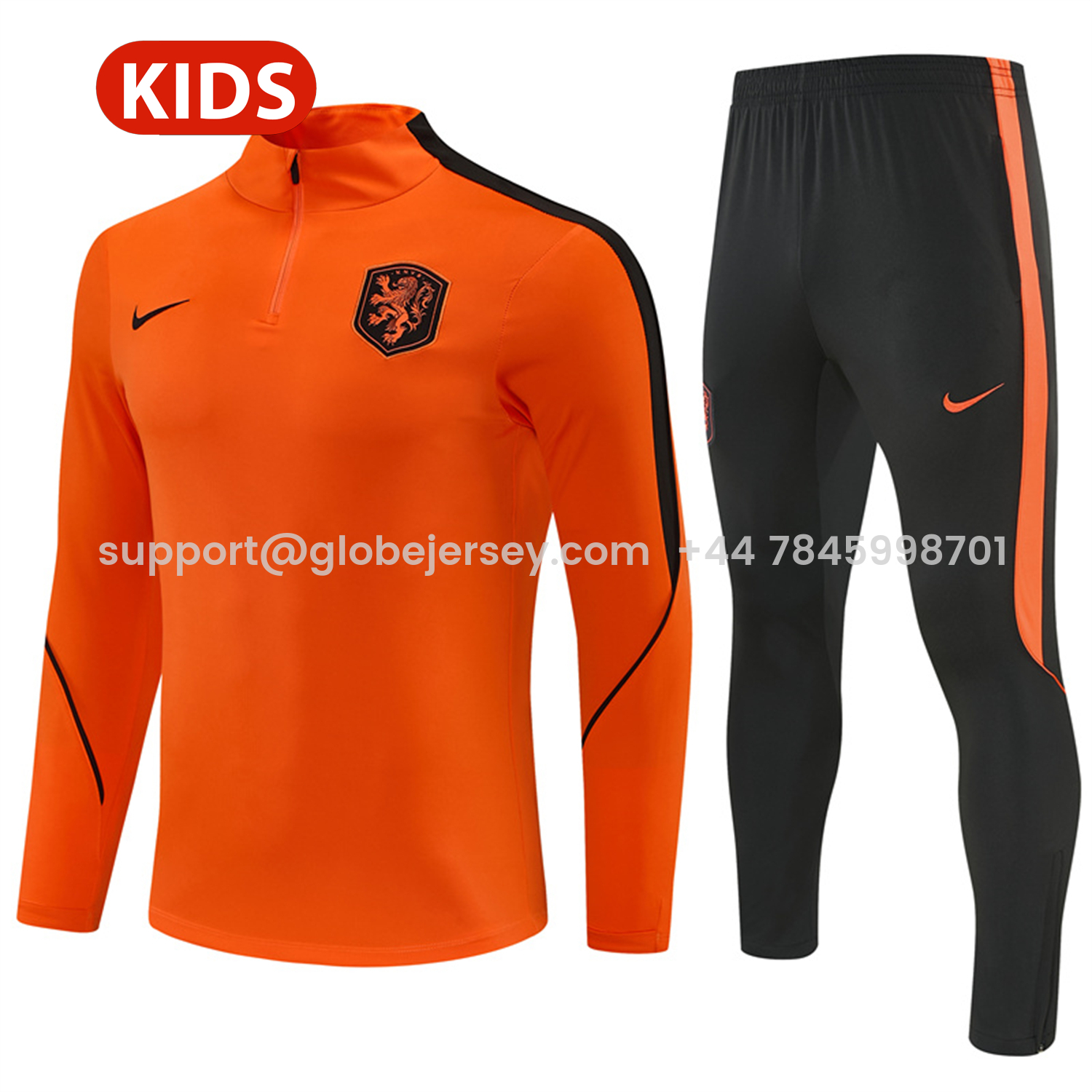 GlobeJersey-Netherlands 2026 Kids Long Sleeves Training Set - Orange With Black Accents Top & Blue Pants