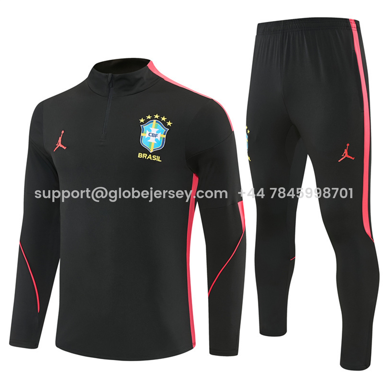 GlobeJersey-Brazil X JD 2026 Long Sleeves Training Set - Black Top And Black Orange Pants