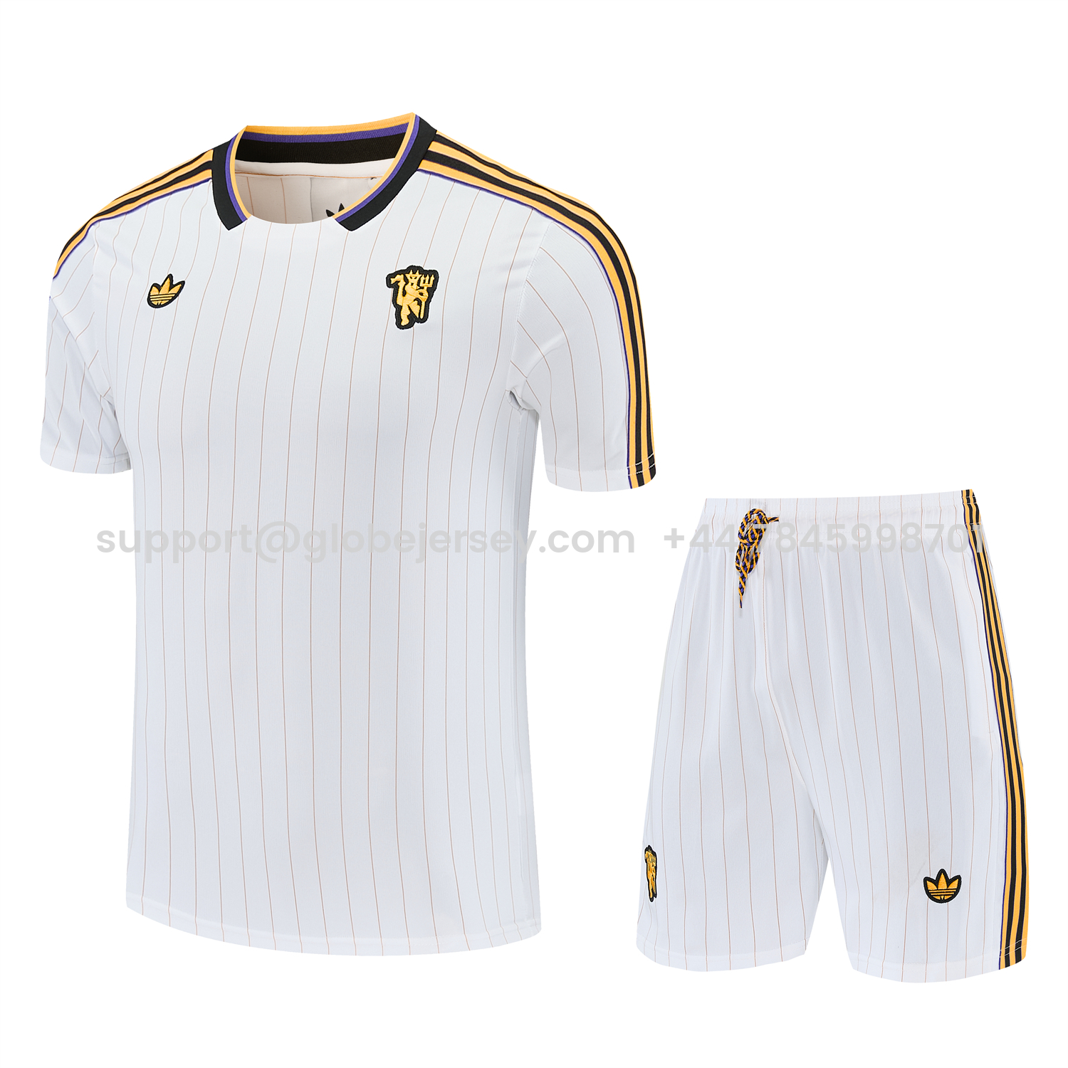 GlobeJersey-Manchester United 25-26 Retro Style Short-Sleeve Training Set - White With Thin Black Stripes Top & Pants