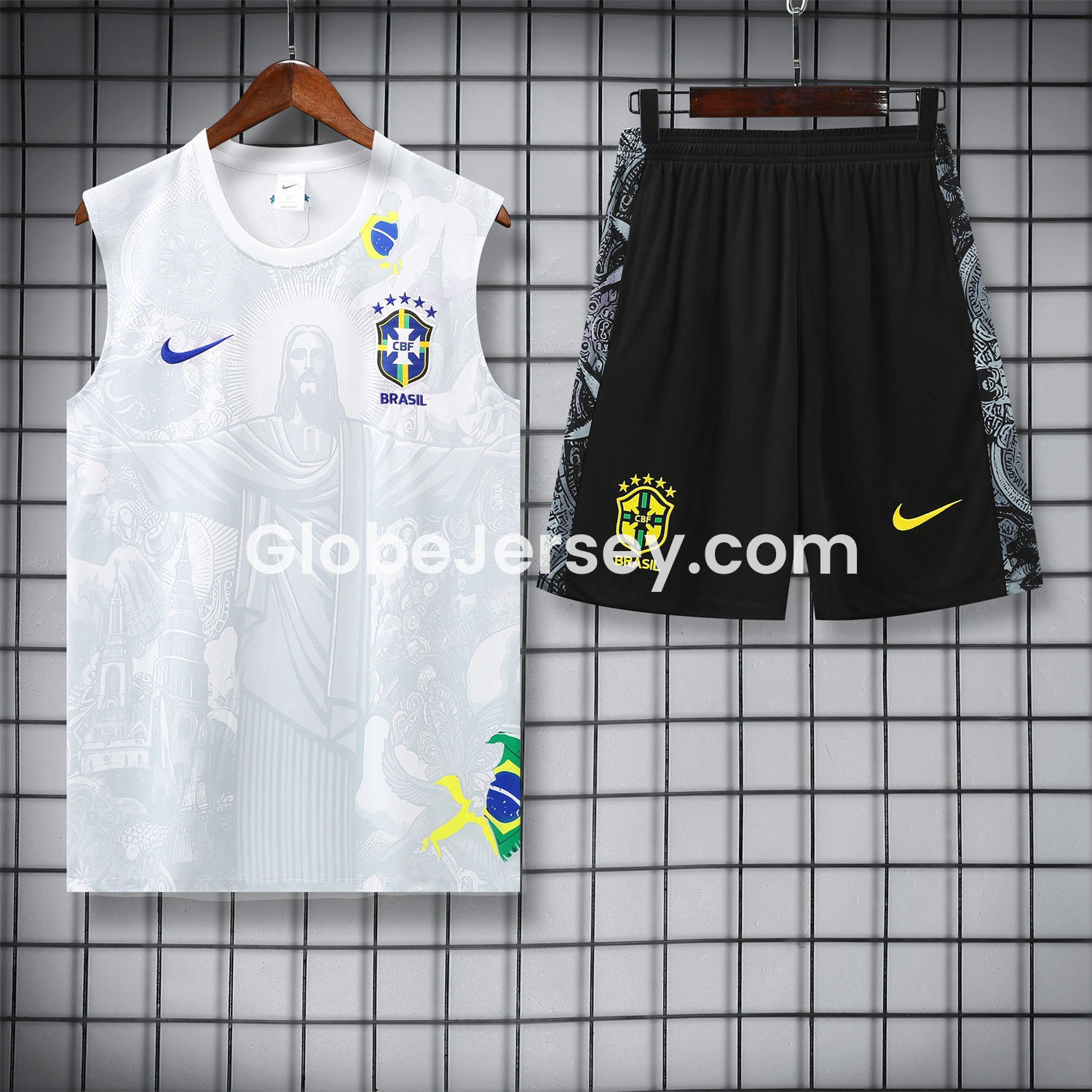 GlobeJersey-Brazil 25-26 White Jesus Statue Vest Training Set - White Vest & Black Shorts
