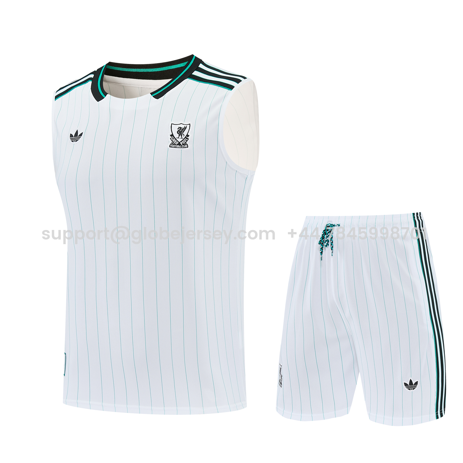 GlobeJersey-Liver.pool 25-26 Retro Style Vest Training Set - White With Green Stripes Top & Pants