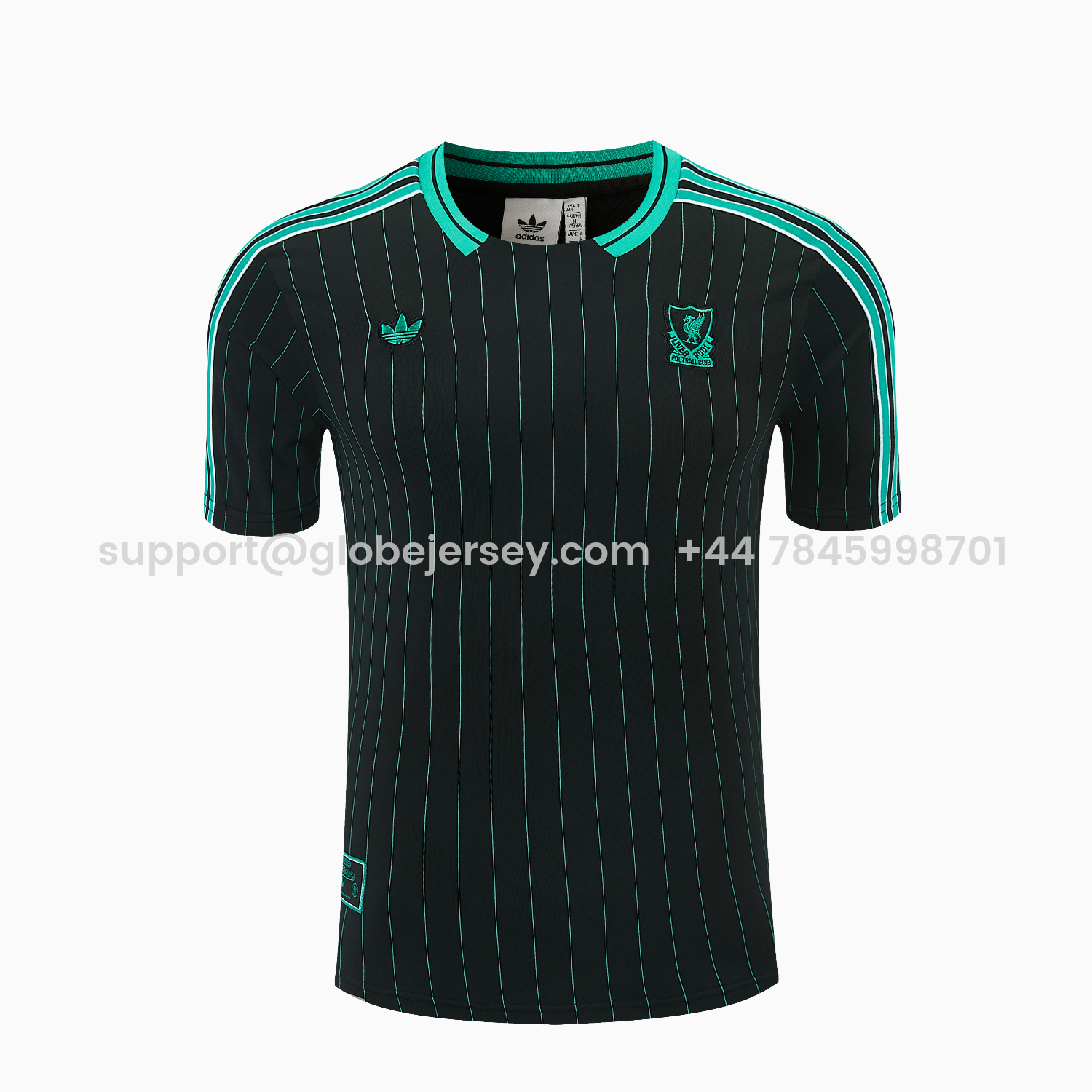 GlobeJersey-Liver.pool 25-26 Retro Style Short-Sleeve Training Set - Black With Teal Stripes And Accents Top & Pants