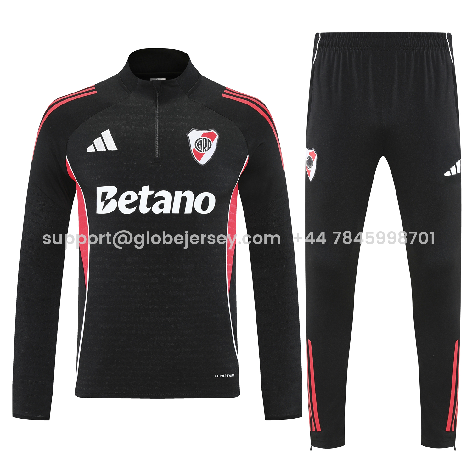 GlobeJersey-River Plate 25-26 Long Sleeves Training Set - Black With Red Top & Black Pants
