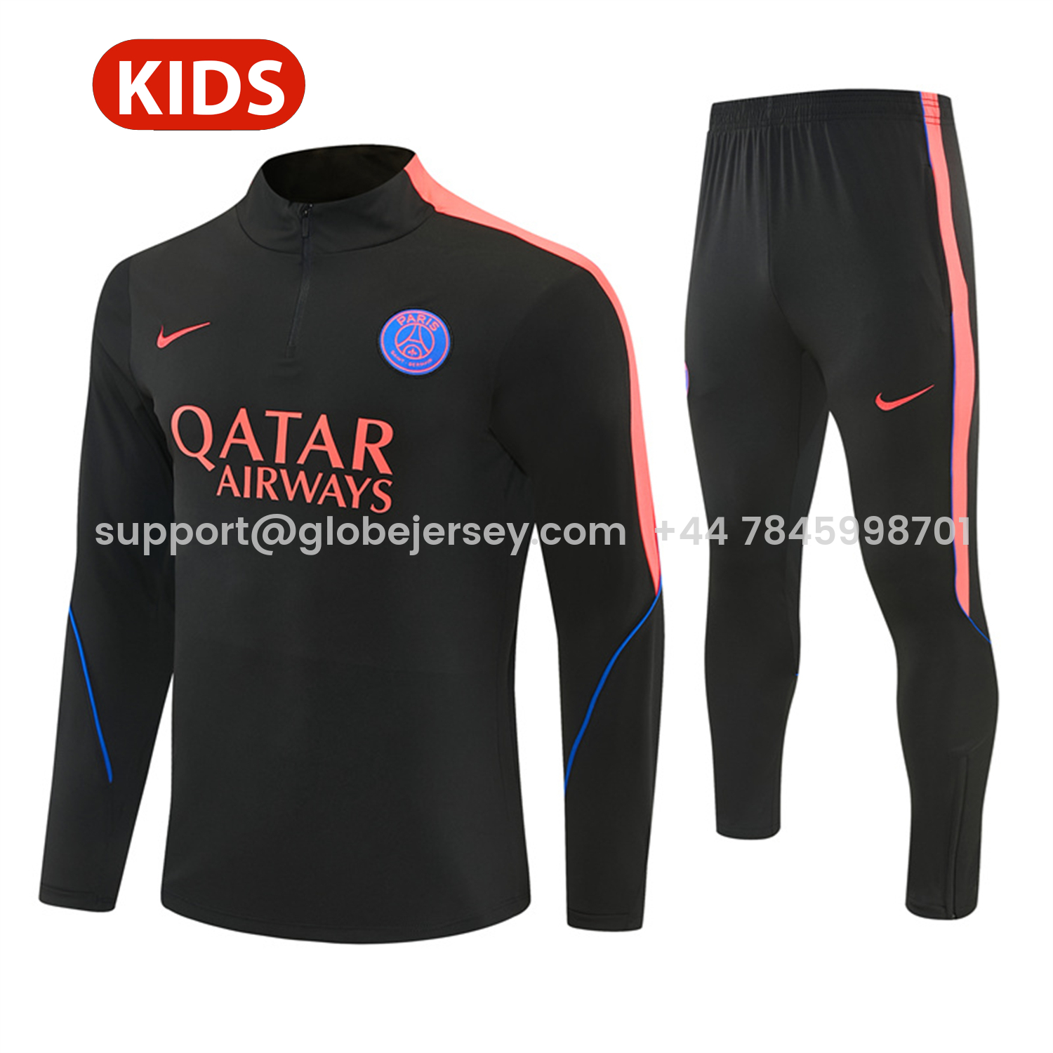 GlobeJersey-Paris Saint-Germain 26-27 Kids Long Sleeves Training Set - Black With Pink Top & Pants