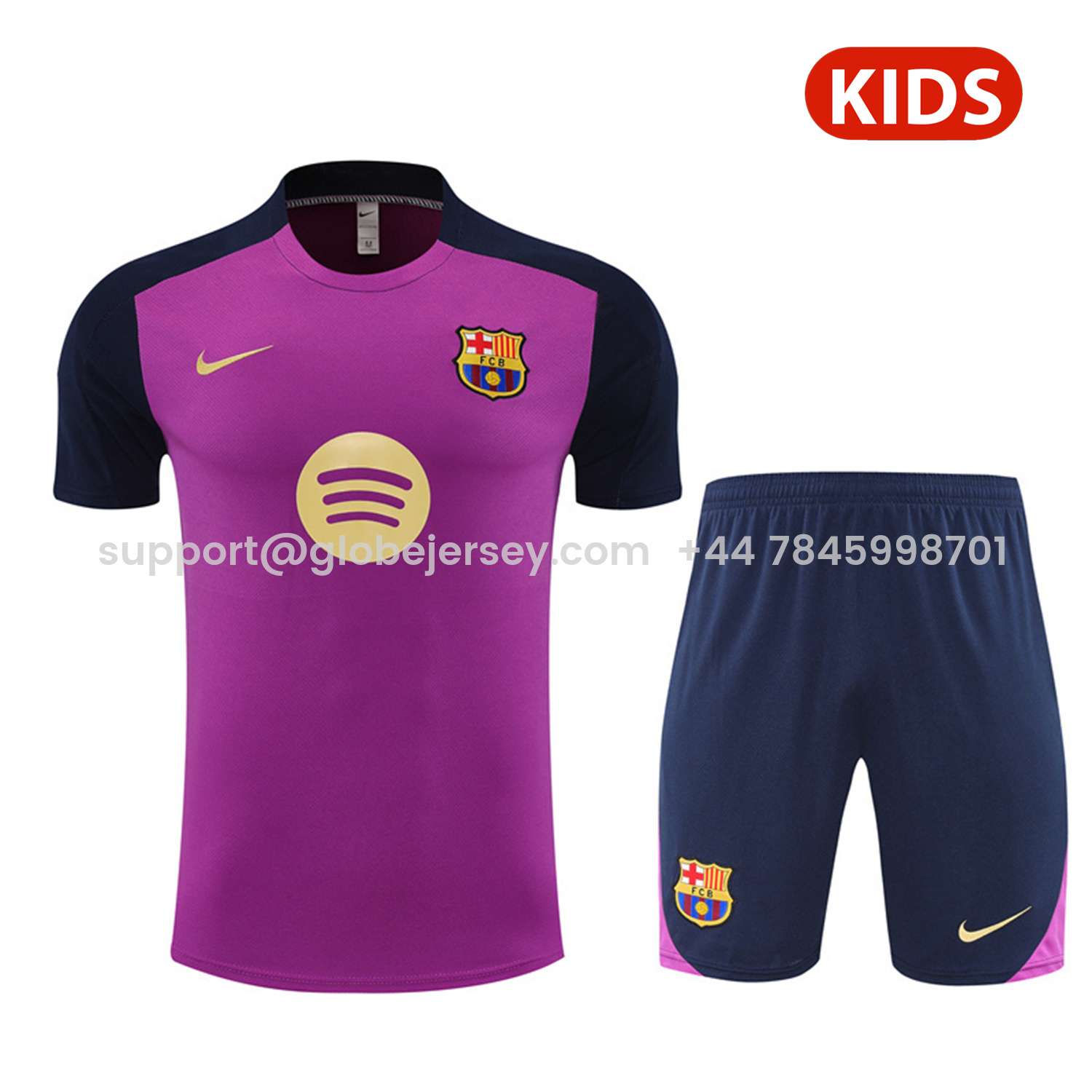 GlobeJersey-Barcelona 25-26 Kids Short-Sleeve Training Set - Purple Top & Deep Blue Shorts