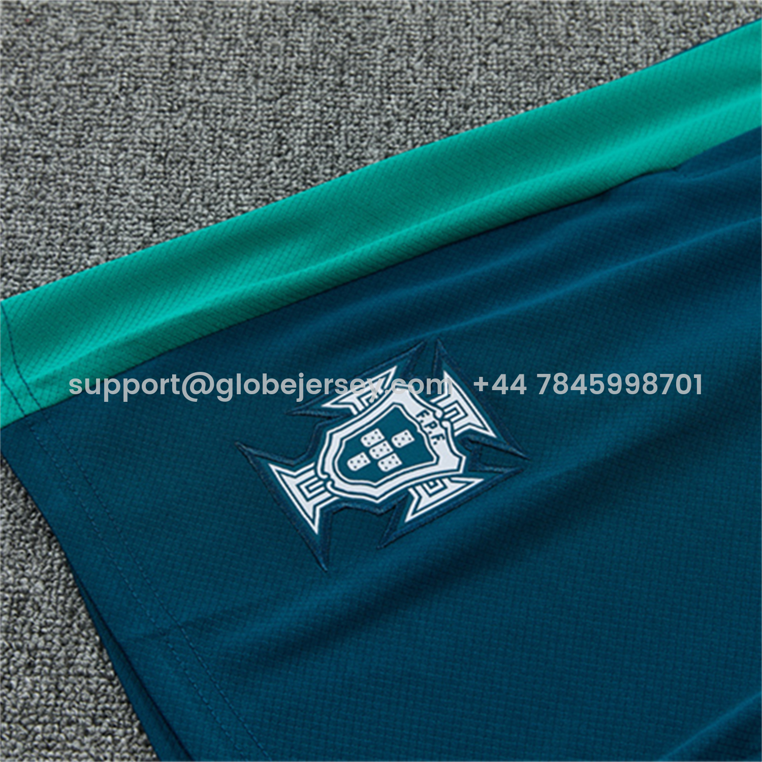 GlobeJersey-Portugal 2026 Short-Sleeve Training Set - Colors Top & Dark Teal Blue With A Red Stripe On The Side Pants