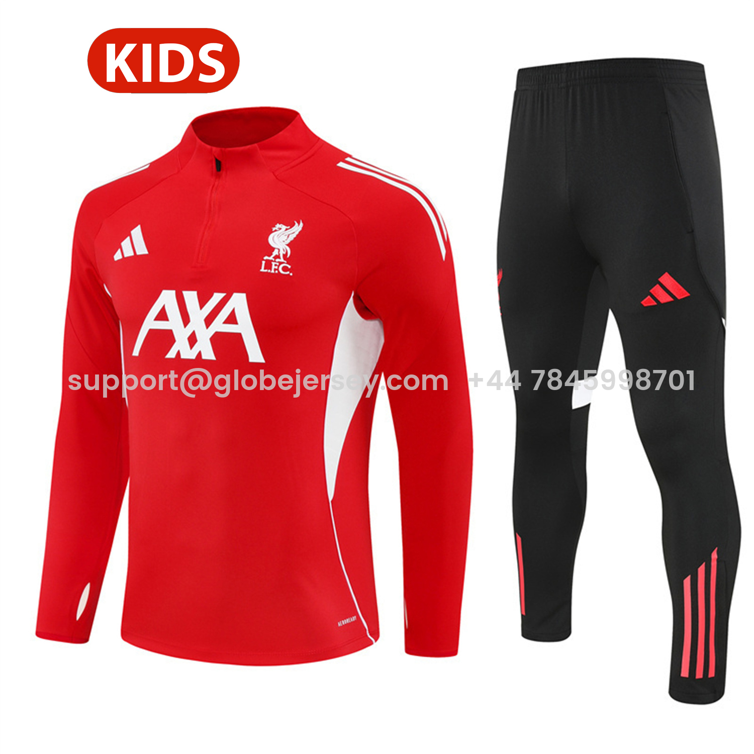 GlobeJersey-Liver.pool 25-26 Kids Long Sleeve Training Set - Red Top & Black Pants