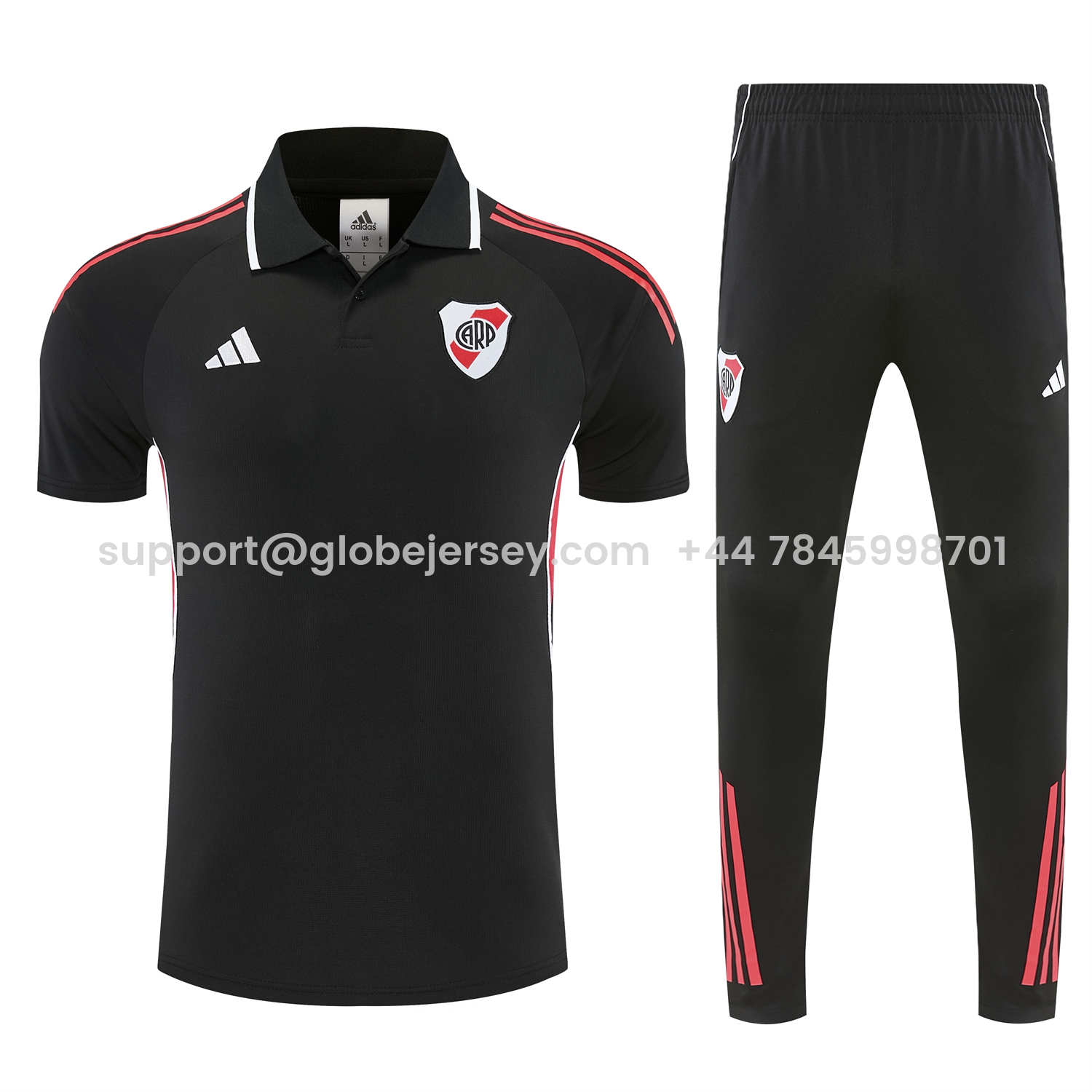GlobeJersey-River Plate 25-26 POLO Short-Sleeve Training Set - Black Top and Black Pants