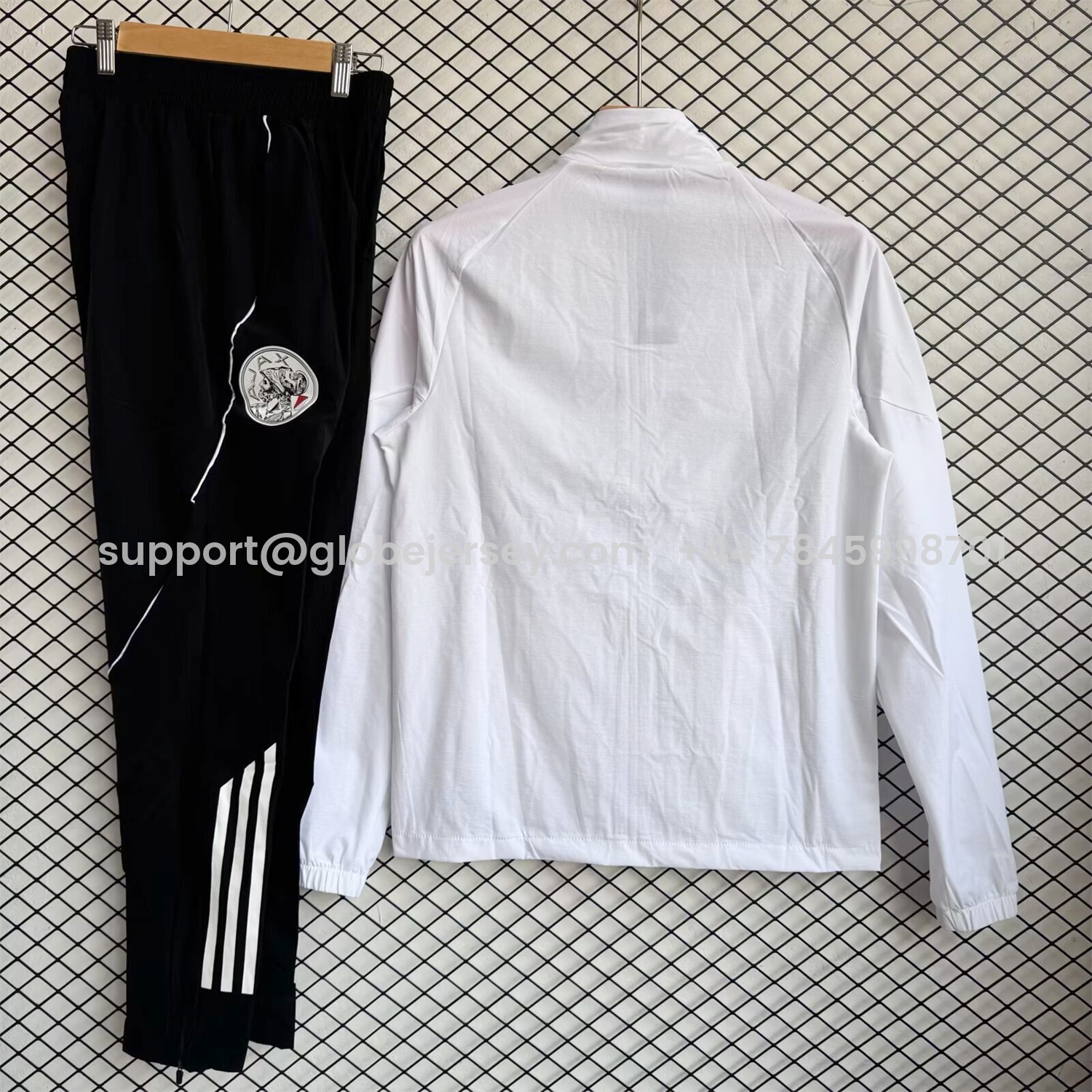 GlobeJersey-Ajax 25-26 Windbreaker Training Set - White Top and Black Pants