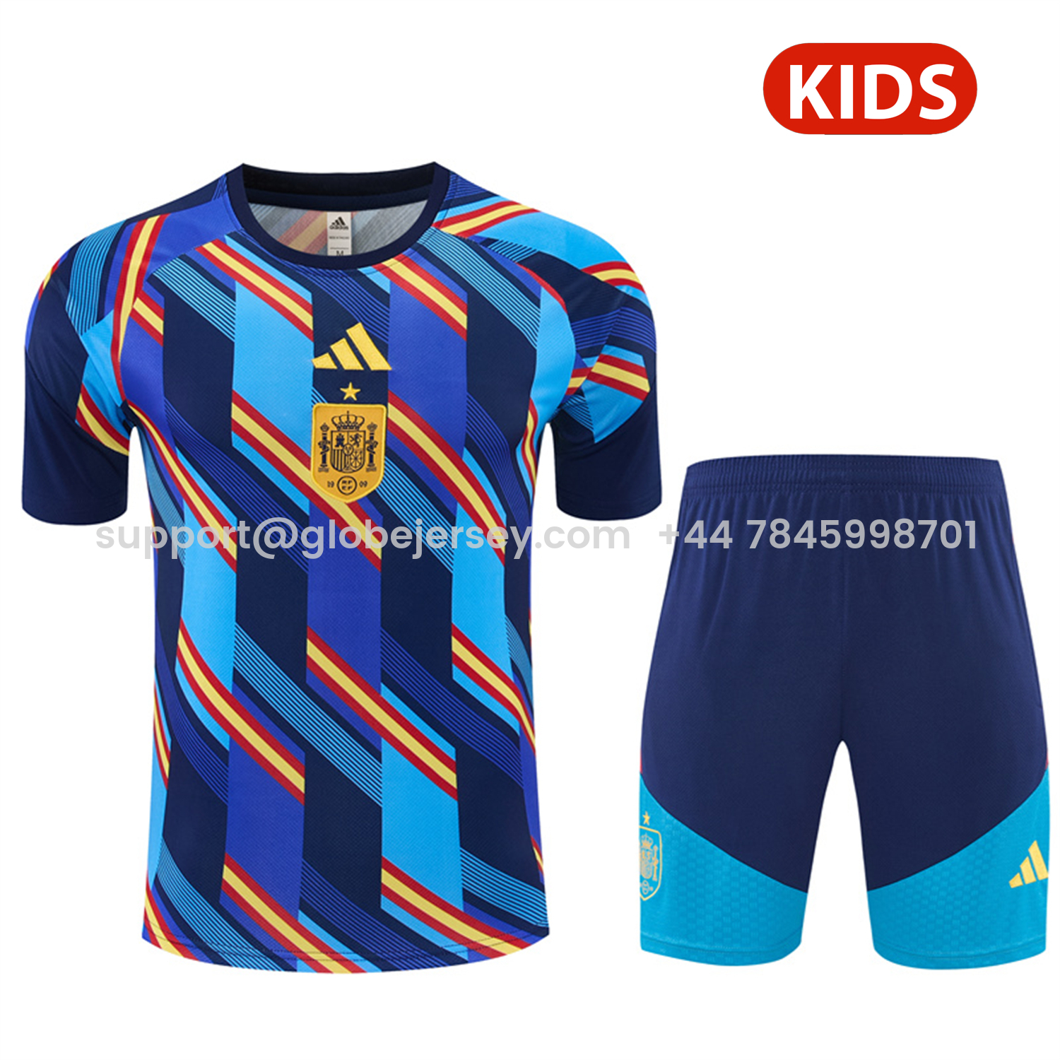 GlobeJersey-Spain 2026 Kids Short-Sleeve Training Set - Royal Blue And Yellow Top & Royal Blue Shorts