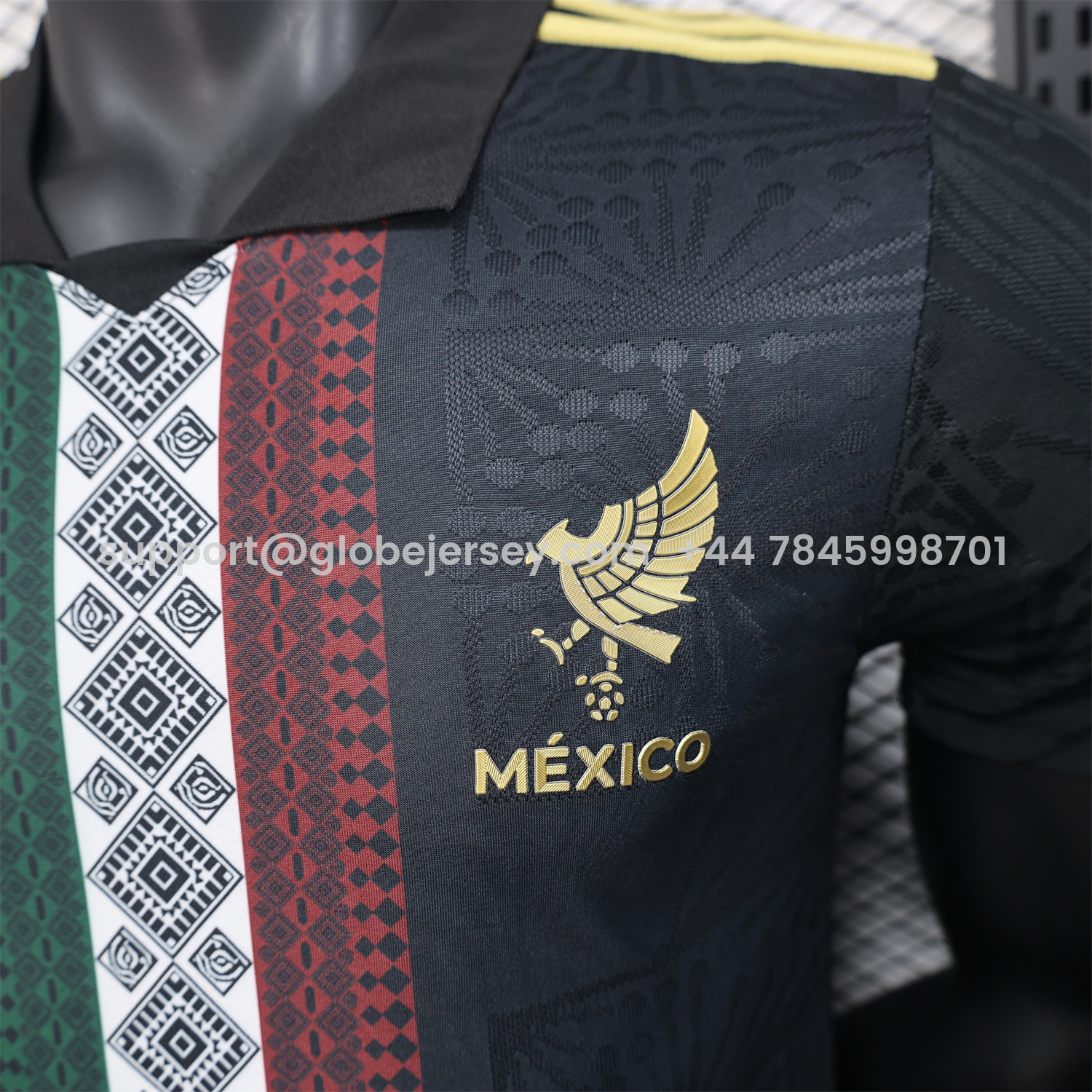 GlobeJersey-Mexico 25-26 Black Polo Jersey with Red White and Green Decorative Pattern - Player Version