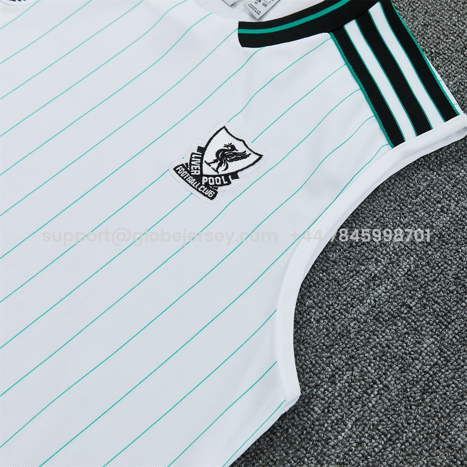 GlobeJersey-Liver.pool 25-26 Retro Style Vest Training Set - White With Green Stripes Top & Pants