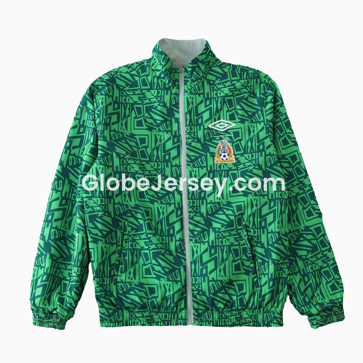 GlobeJersey-Retro Mexico 1994 Retro Style Double Sided Reversible Windbreaker - Green & Grey